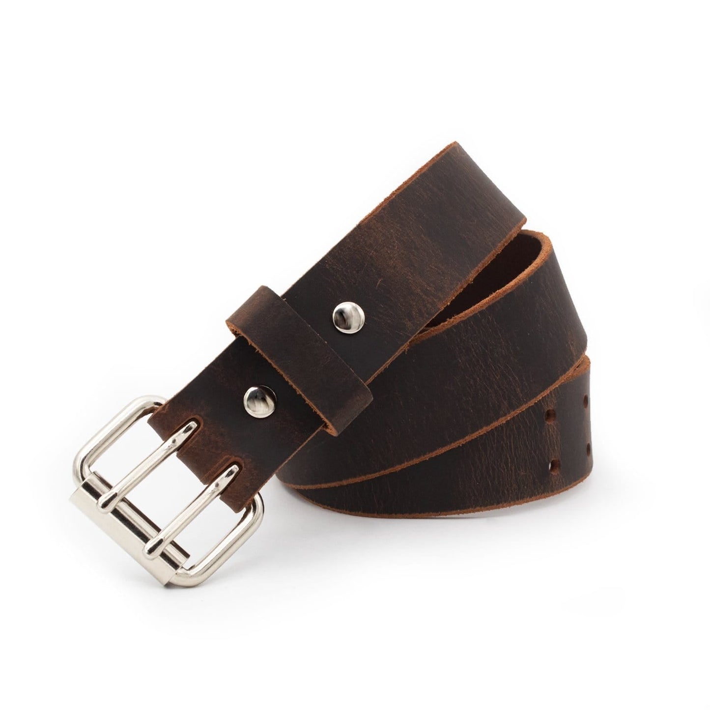 Double Down rustic leather belt with two-prong buckle, full-grain handmade in USA by Main Street Forge