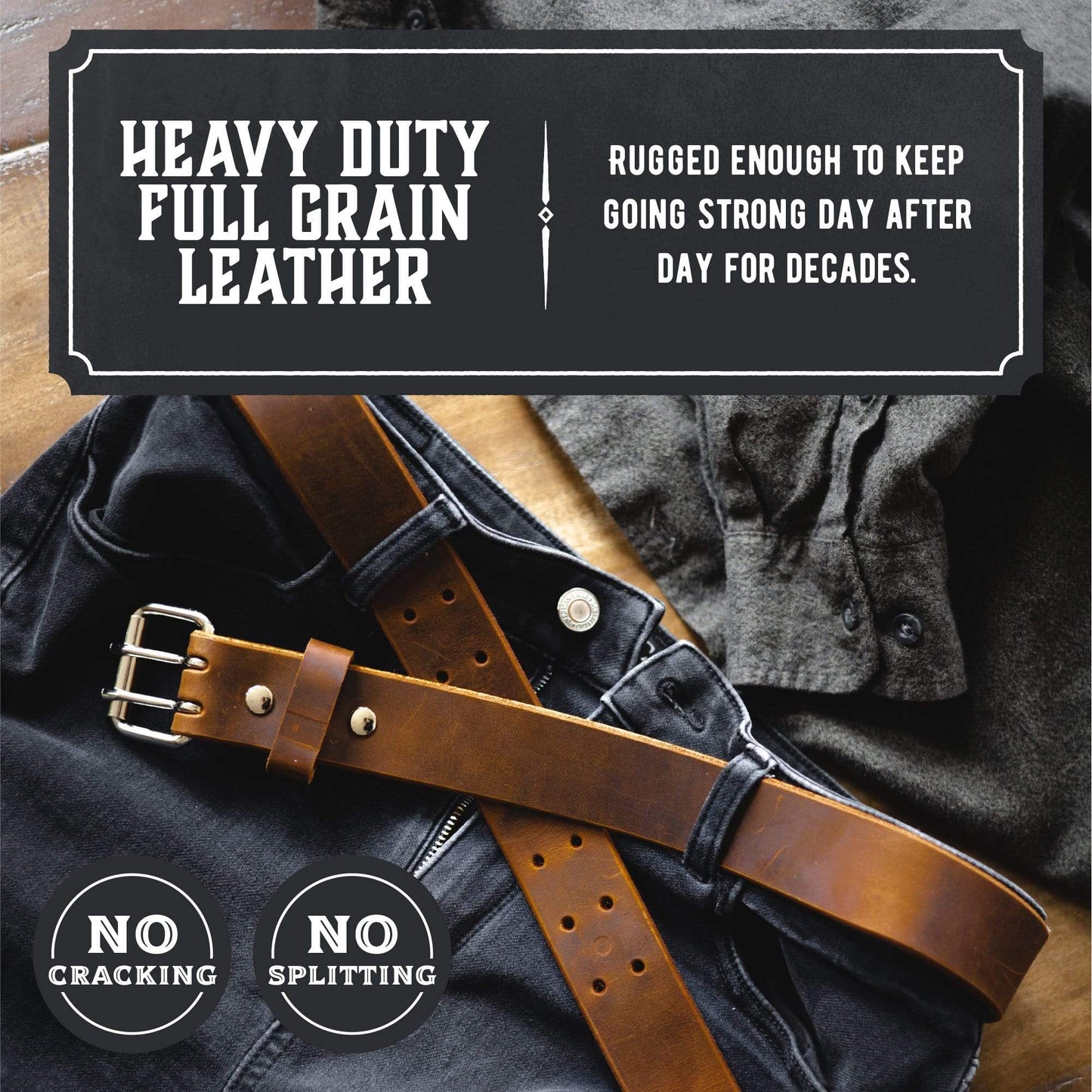 Double Down rustic leather belt with two-prong buckle, full-grain handmade in USA by Main Street Forge