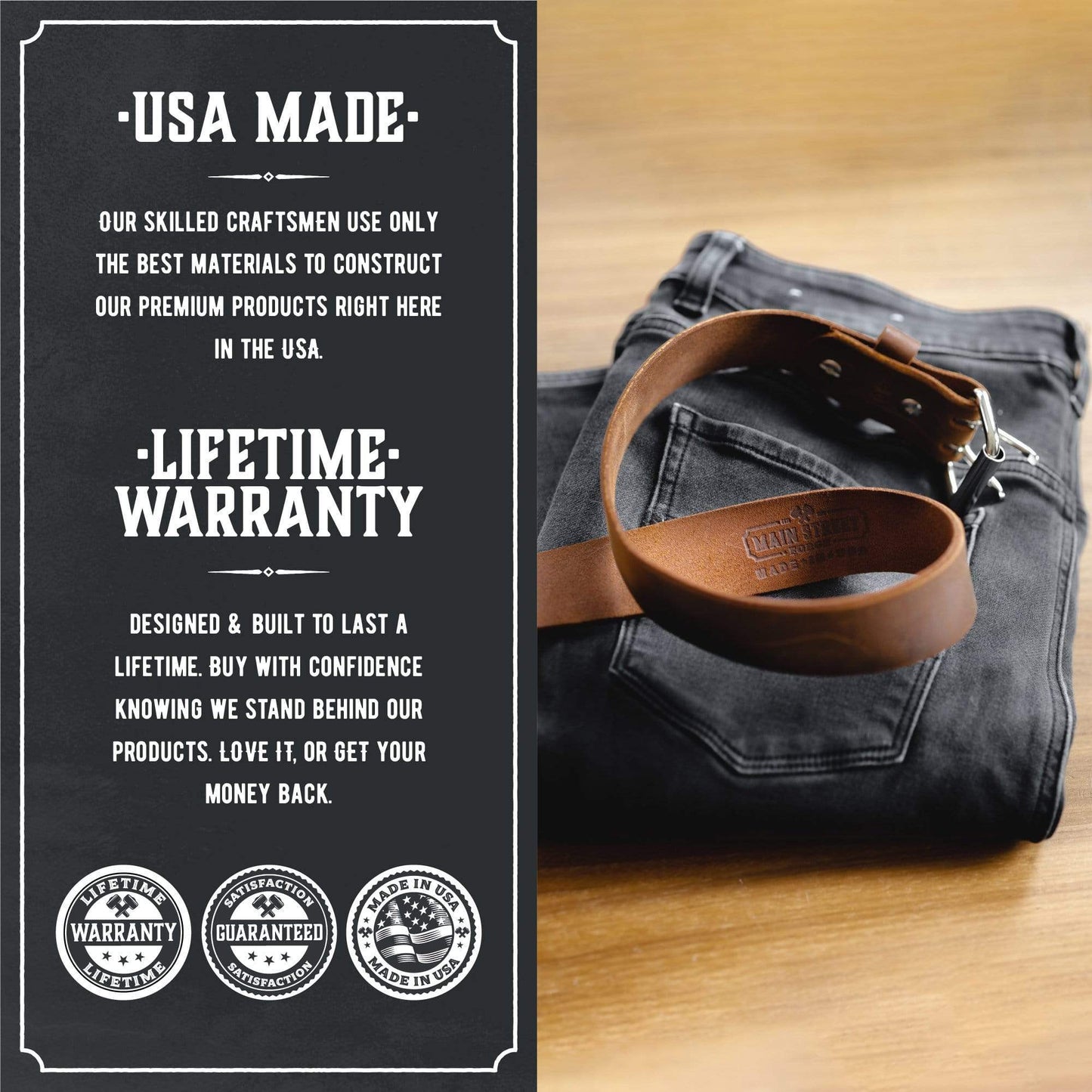 Double Down rustic leather belt with two-prong buckle, full-grain handmade in USA by Main Street Forge