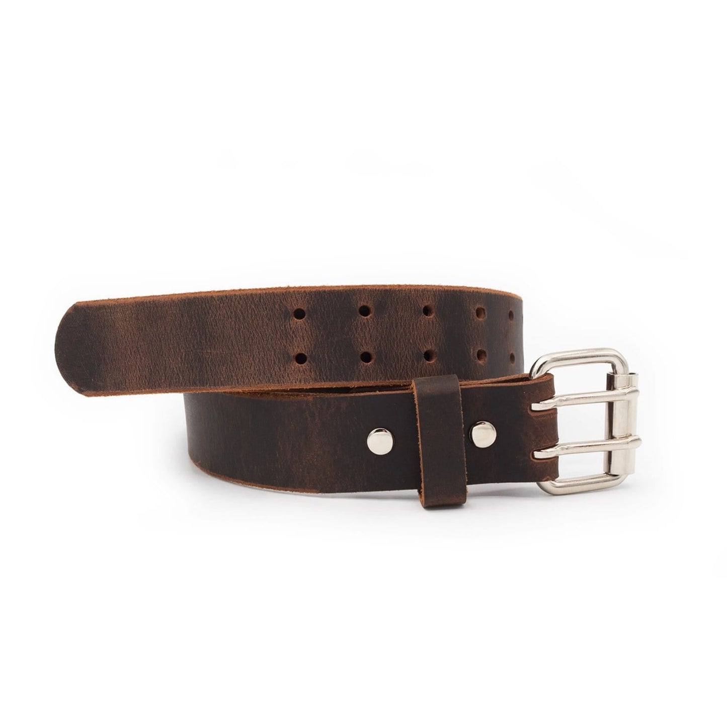 Double Down rustic leather belt with two-prong buckle, full-grain handmade in USA by Main Street Forge