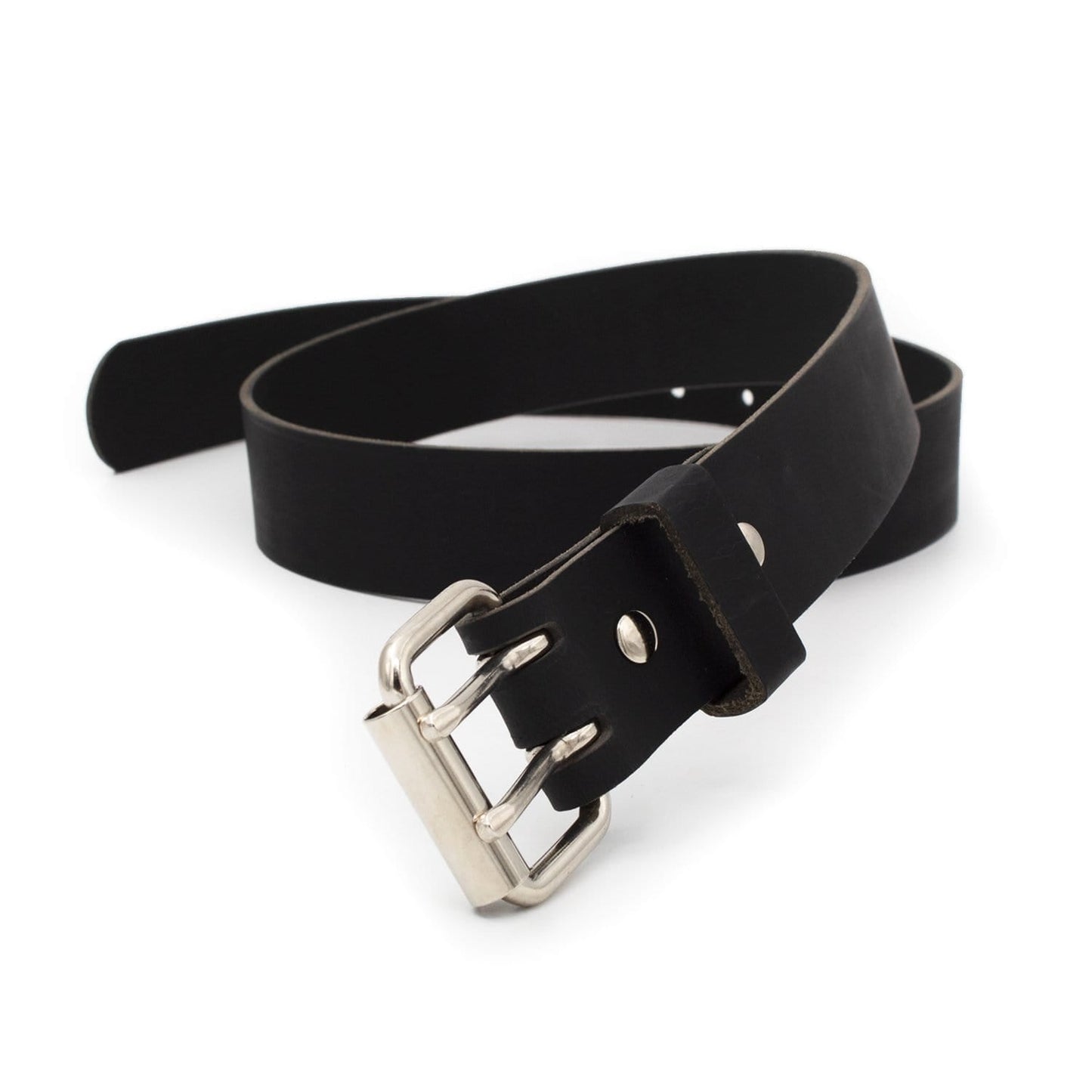 Double Down rustic leather belt with two-prong buckle, full-grain handmade in USA by Main Street Forge