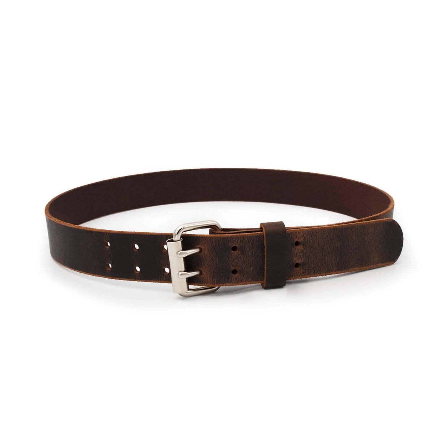 Double Down rustic leather belt with two-prong buckle, full-grain handmade in USA by Main Street Forge