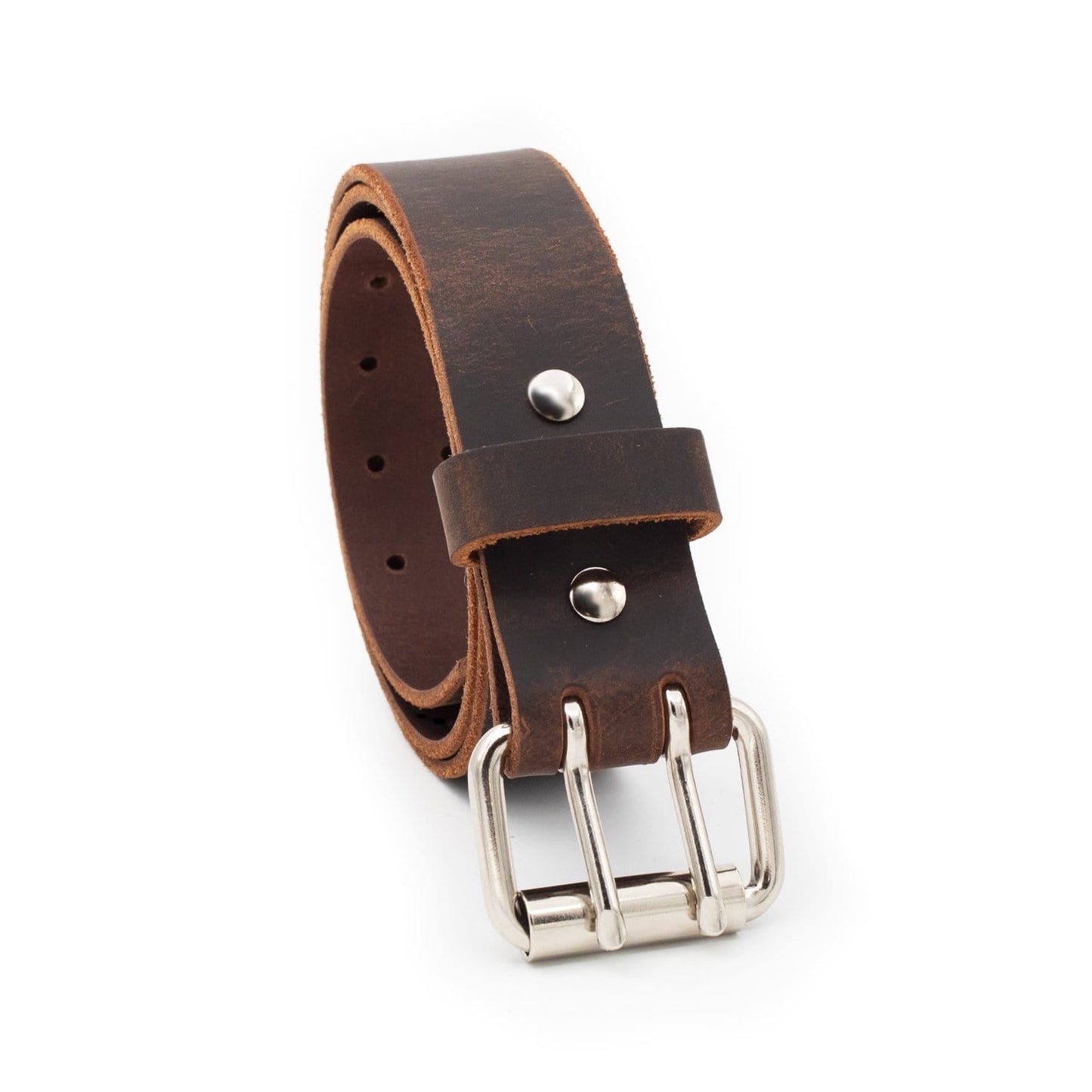 Double Down rustic leather belt with two-prong buckle, full-grain handmade in USA by Main Street Forge