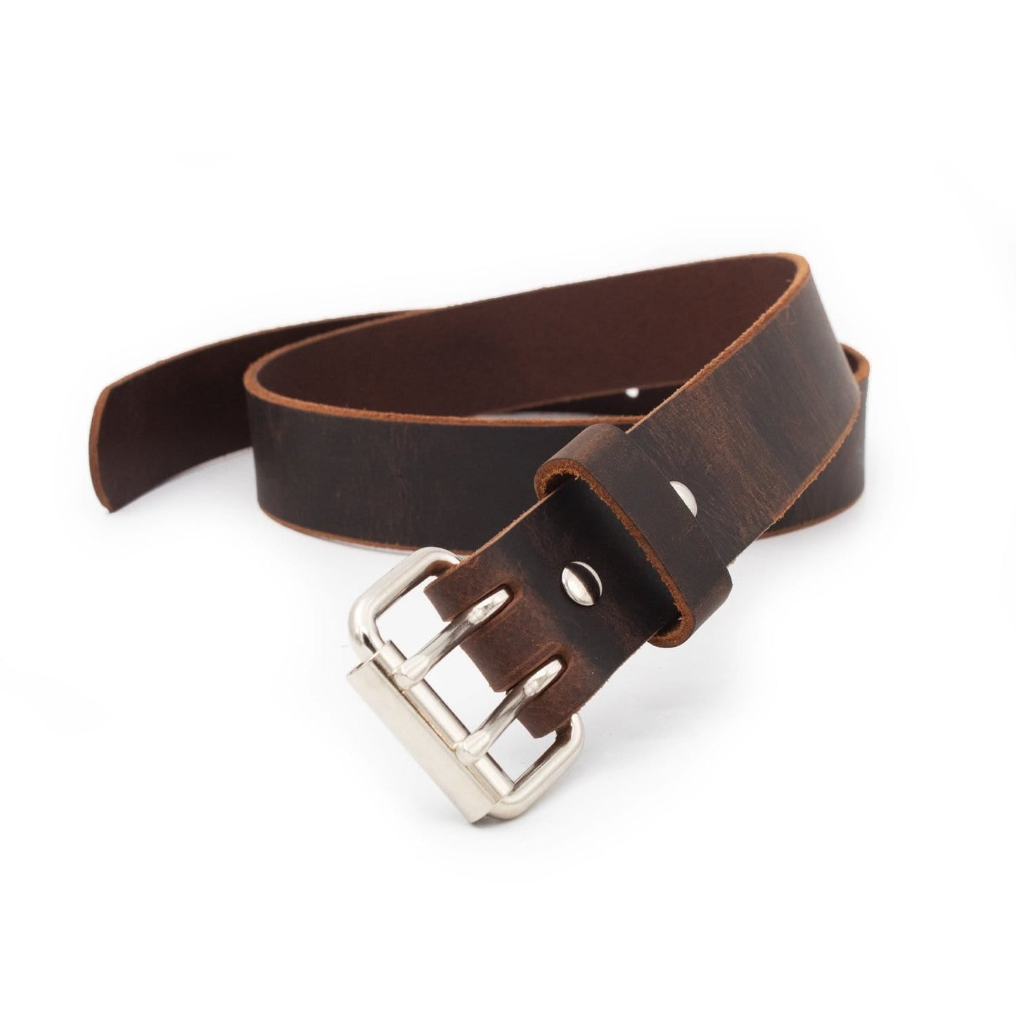 Double Down rustic leather belt with two-prong buckle, full-grain handmade in USA by Main Street Forge