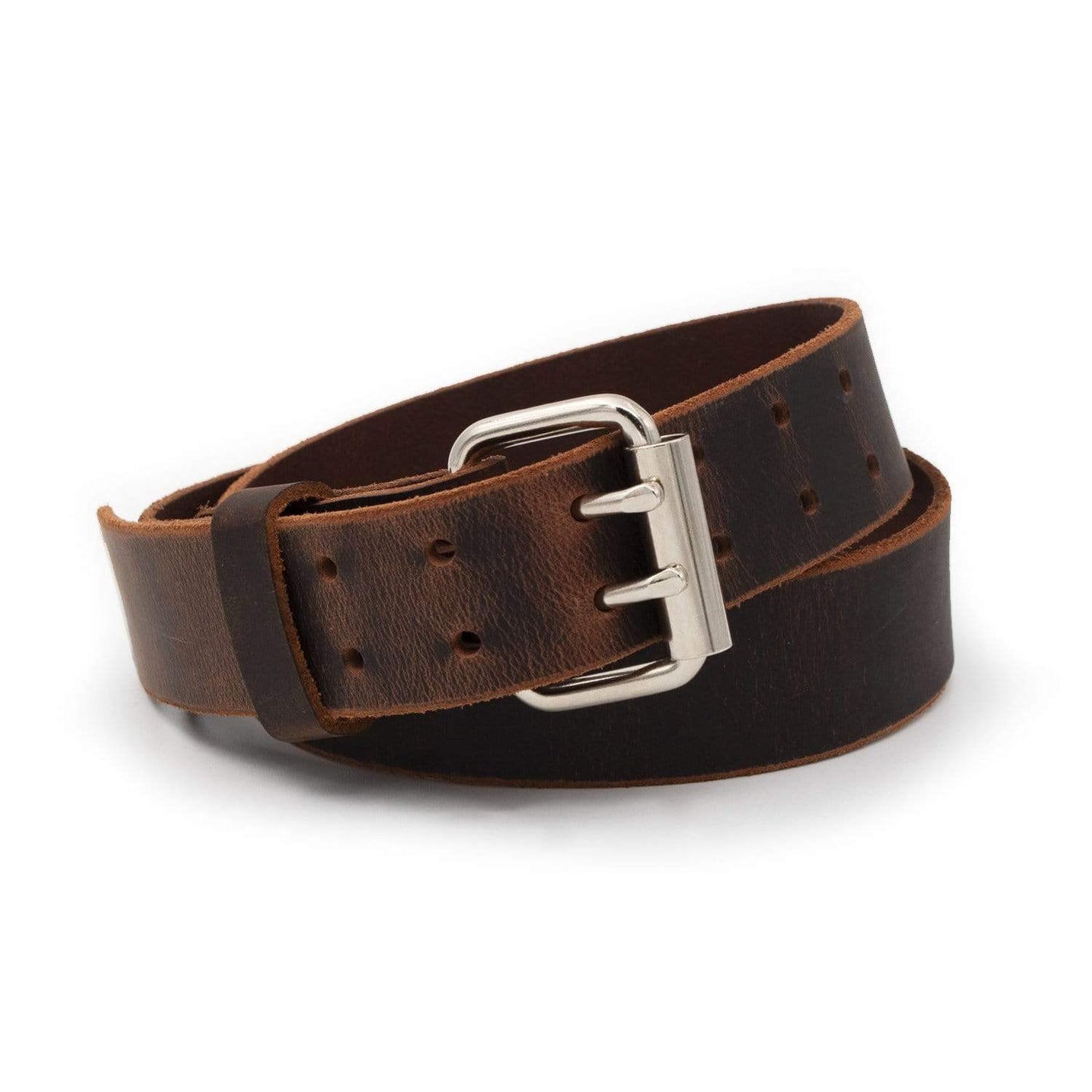 Double Down rustic leather belt with two-prong buckle, full-grain handmade in USA by Main Street Forge