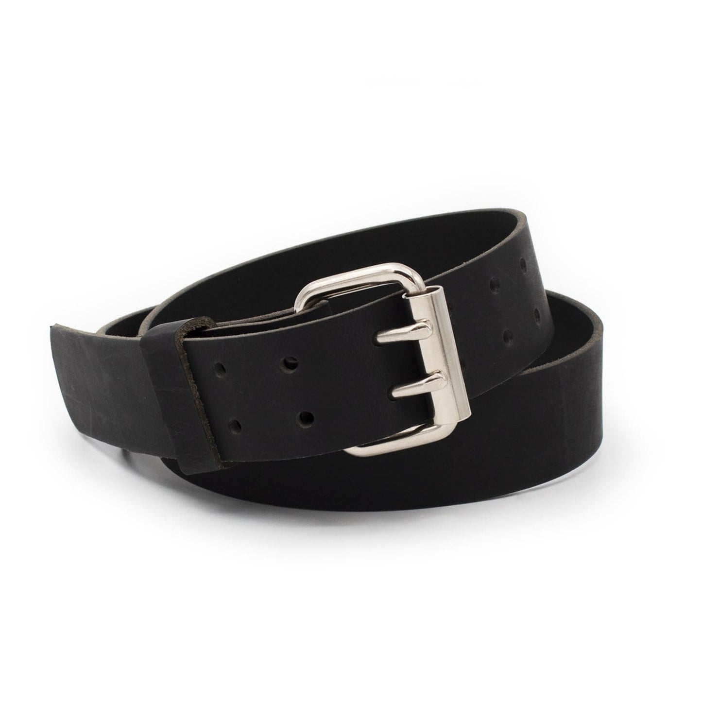 Double Down rustic leather belt with two-prong buckle, full-grain handmade in USA by Main Street Forge