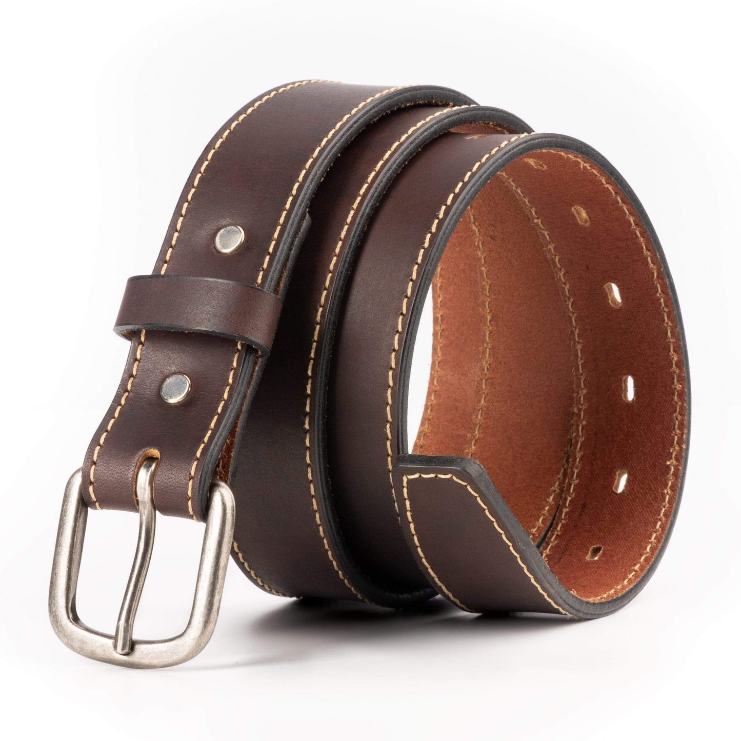 Brown leather belt with silver buckle on a white background