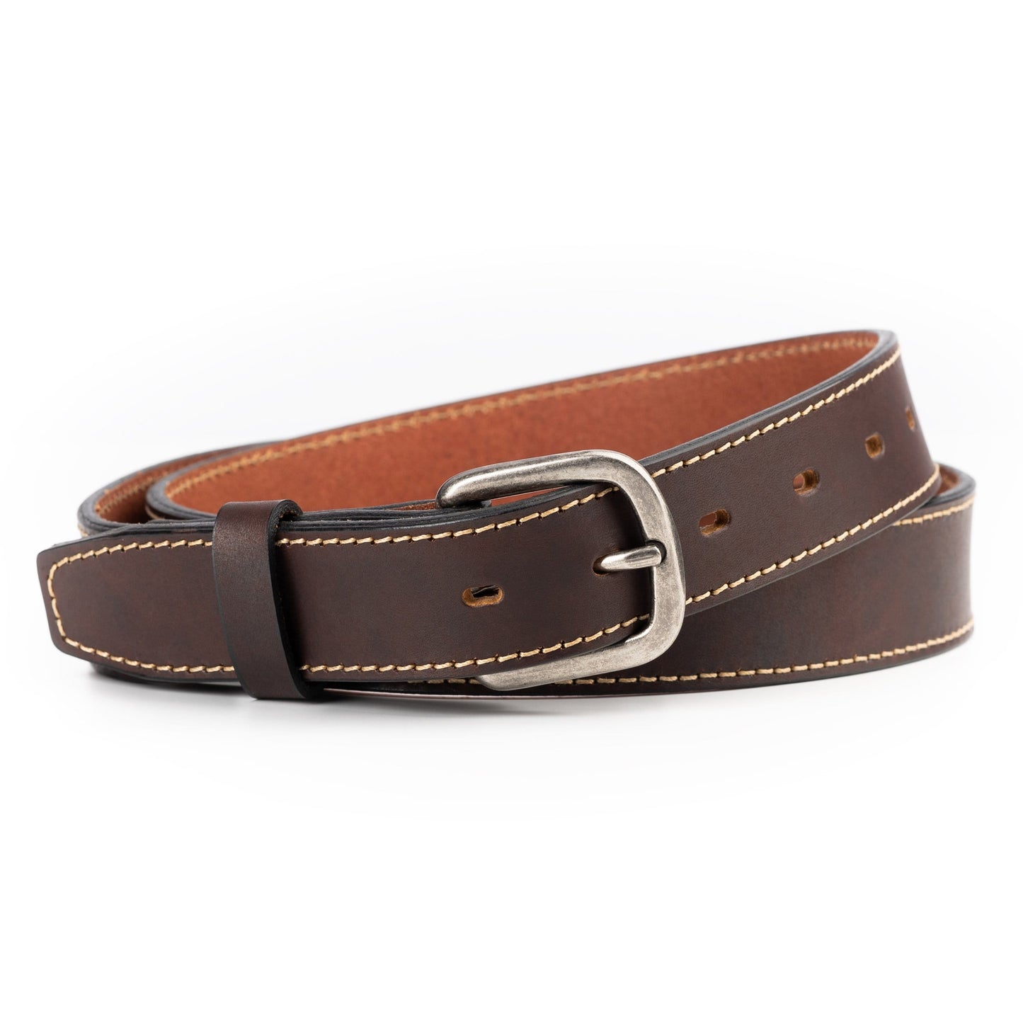 Brown leather belt with silver buckle on a white background
