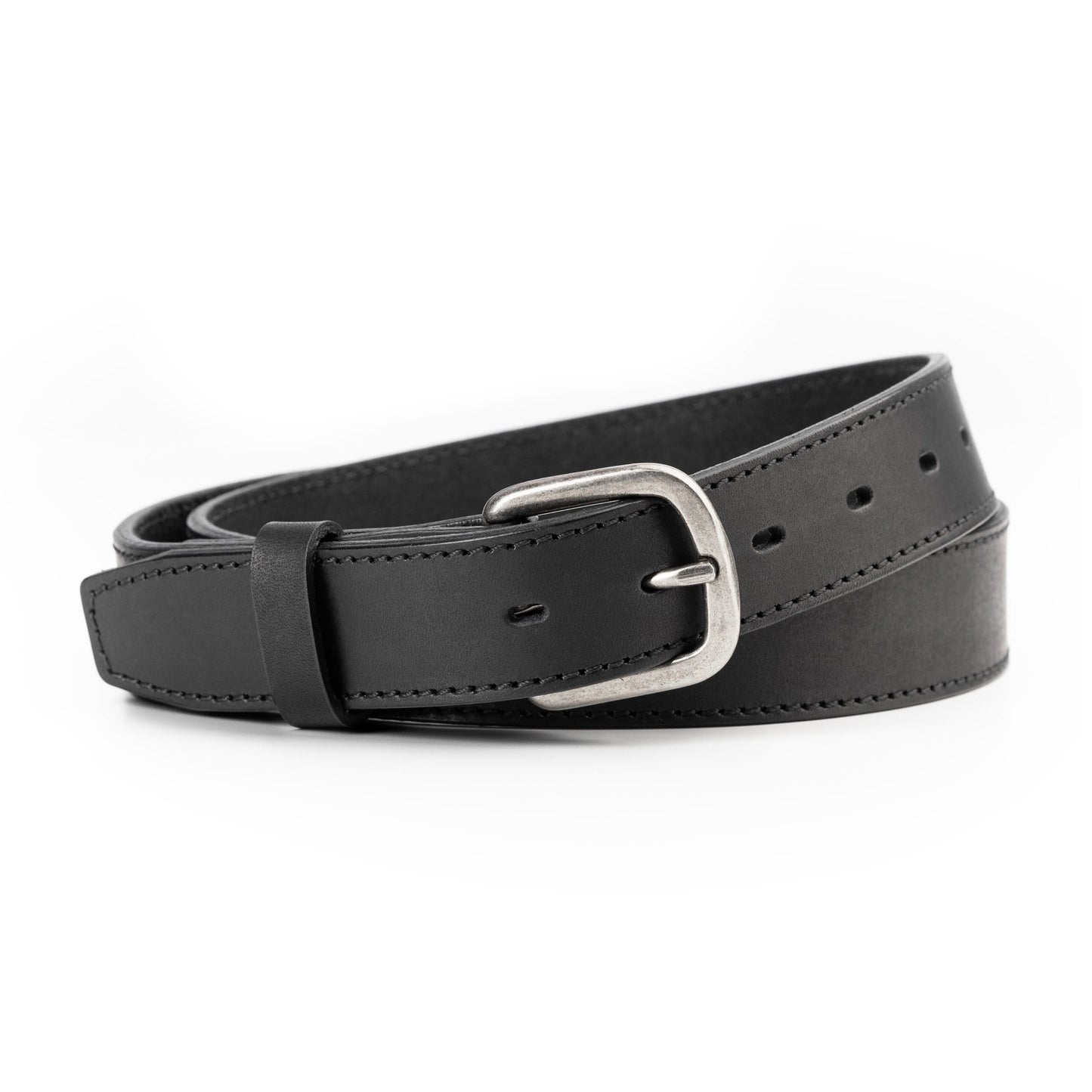 Leather dress belt in black, 1.25-inch full-grain leather with silver buckle, handmade in USA by Main Street Forge