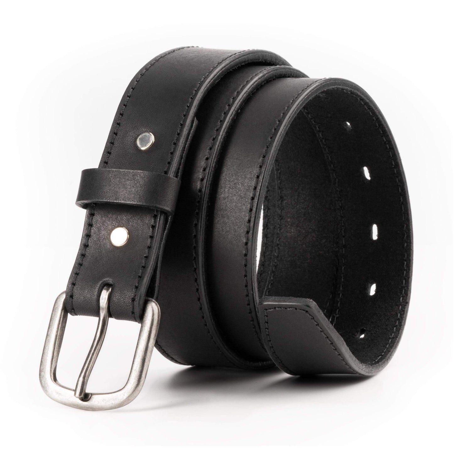 Black leather belt with silver buckle on a white background
