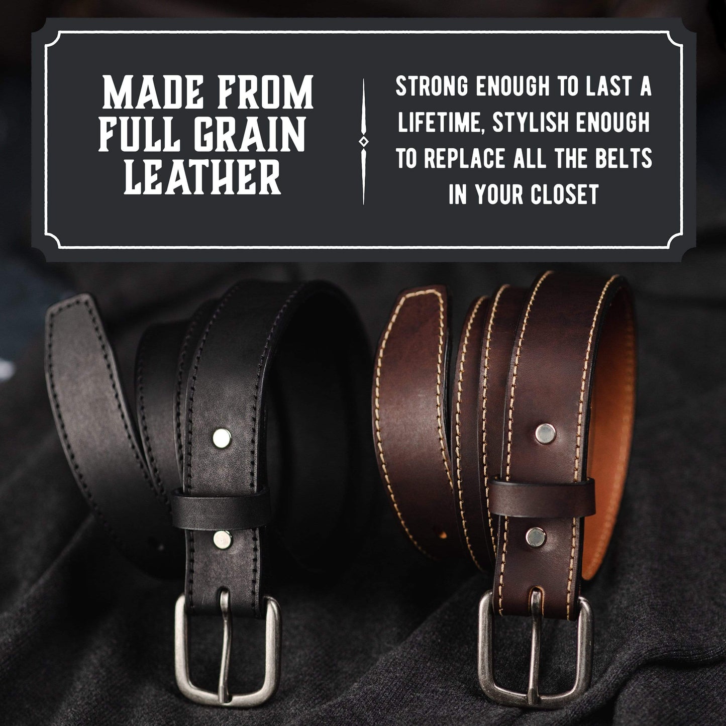 Leather dress belts in black and brown, 1.25-inch full-grain leather with silver buckle, handmade in USA by Main Street Forge