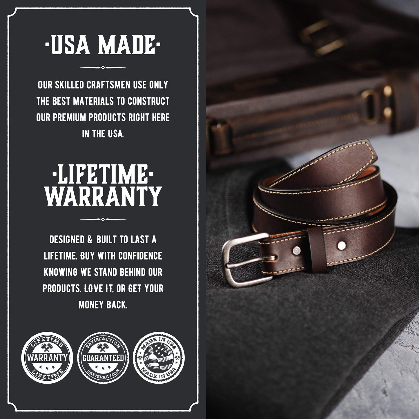Brown leather belt with a black background featuring 'USA Made' and 'Lifetime Warranty' text.