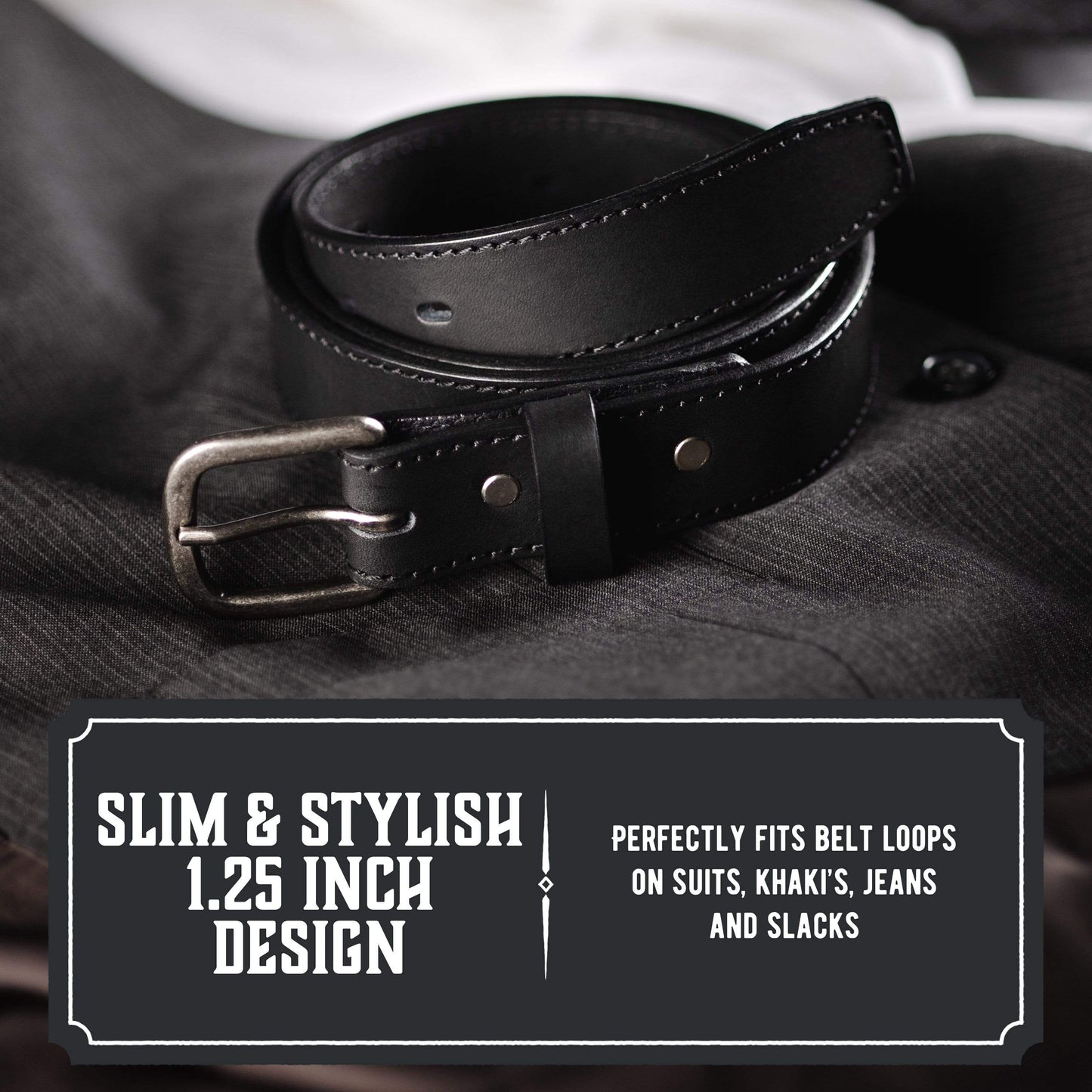 Leather dress belt in black, 1.25-inch full-grain leather with silver buckle, handmade in USA by Main Street Forge