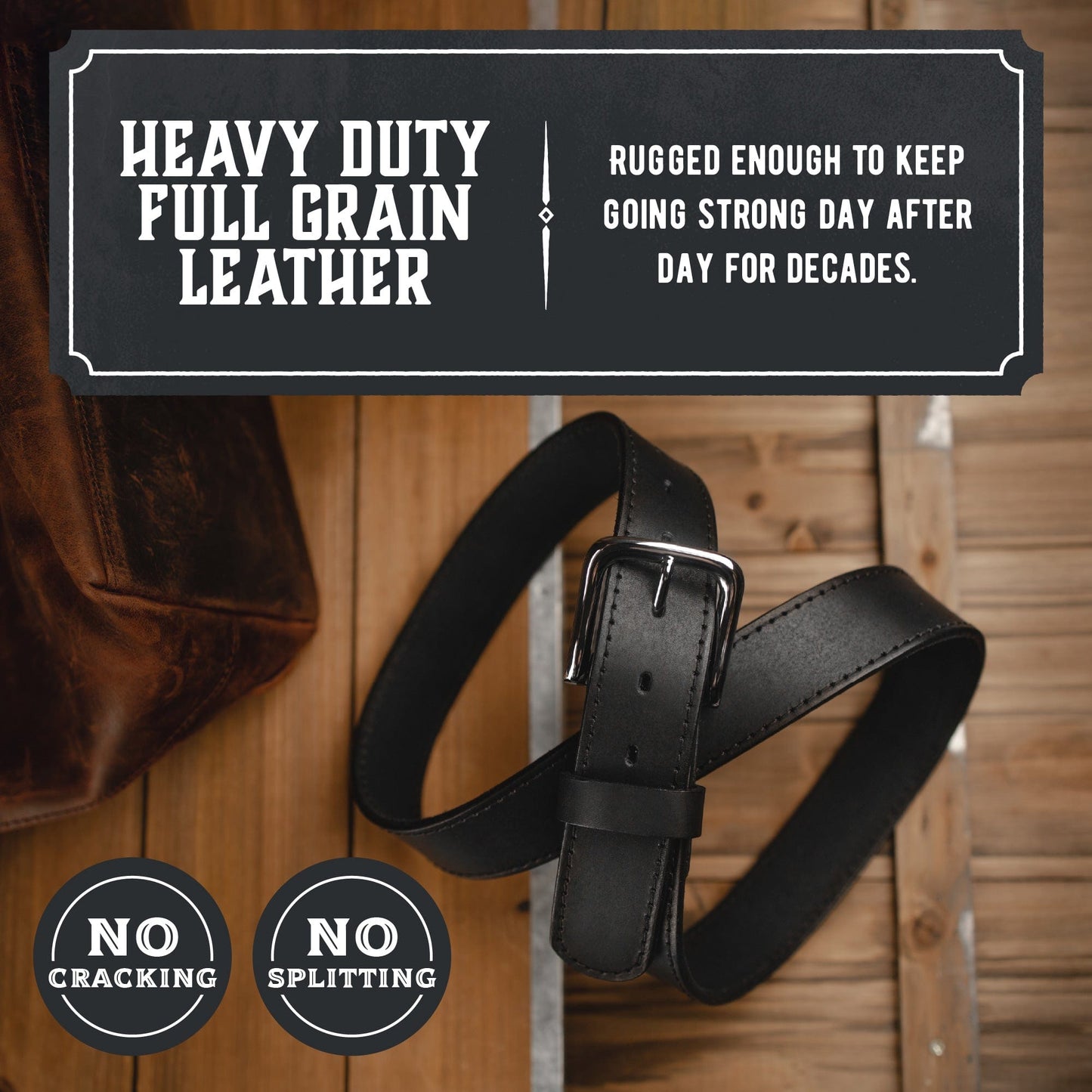 The Foreman leather casual belt, 1.5-inch full-grain strap with buckle, handmade in USA by Main Street Forge