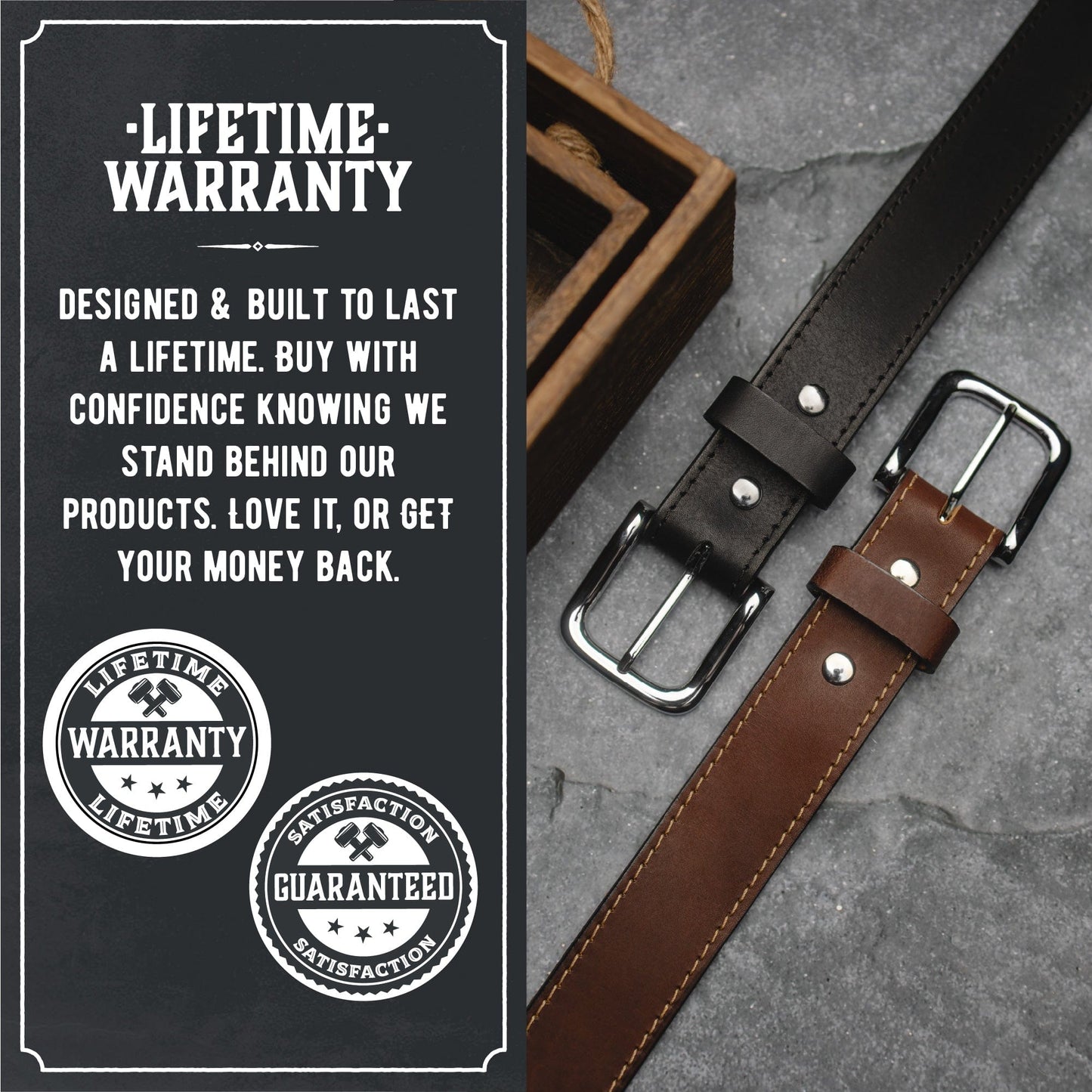 The Foreman leather casual belt, 1.5-inch full-grain strap with buckle, handmade in USA by Main Street Forge