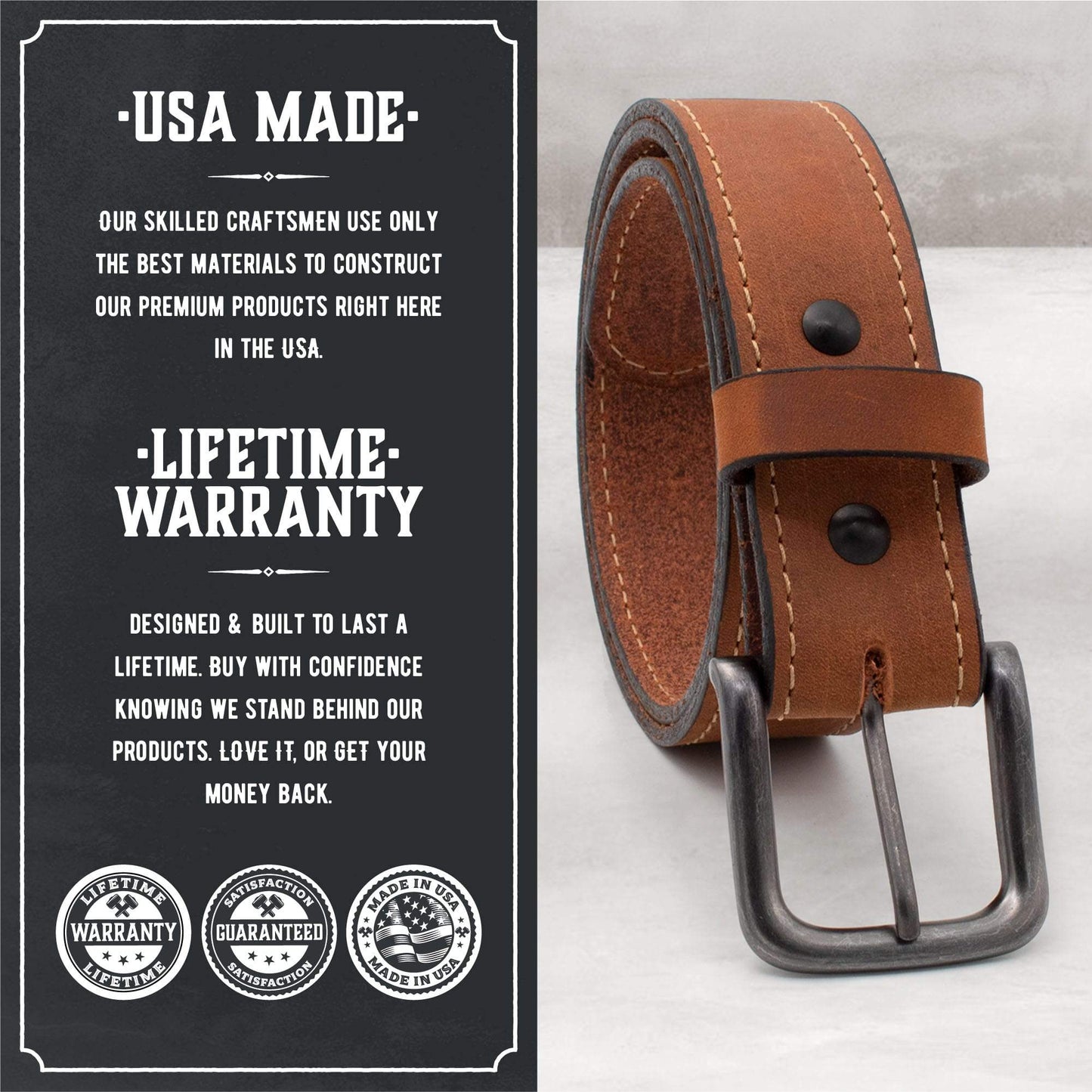 Leather Everyday Belt in full-grain tan leather, handmade in the USA. Durable daily belt with replaceable buckle and lifetime warranty.