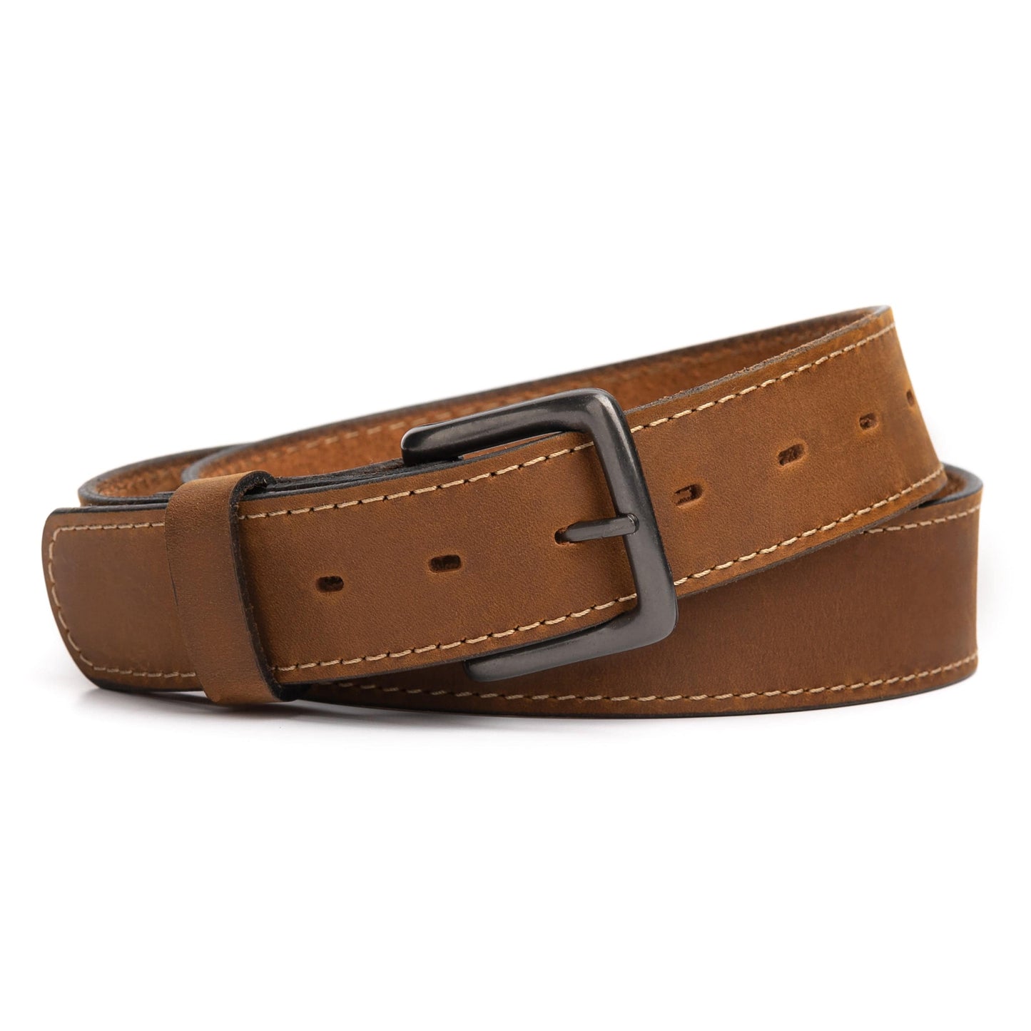 Leather Everyday Belt in full-grain tan leather, handmade in the USA. Durable daily belt with replaceable buckle and lifetime warranty.