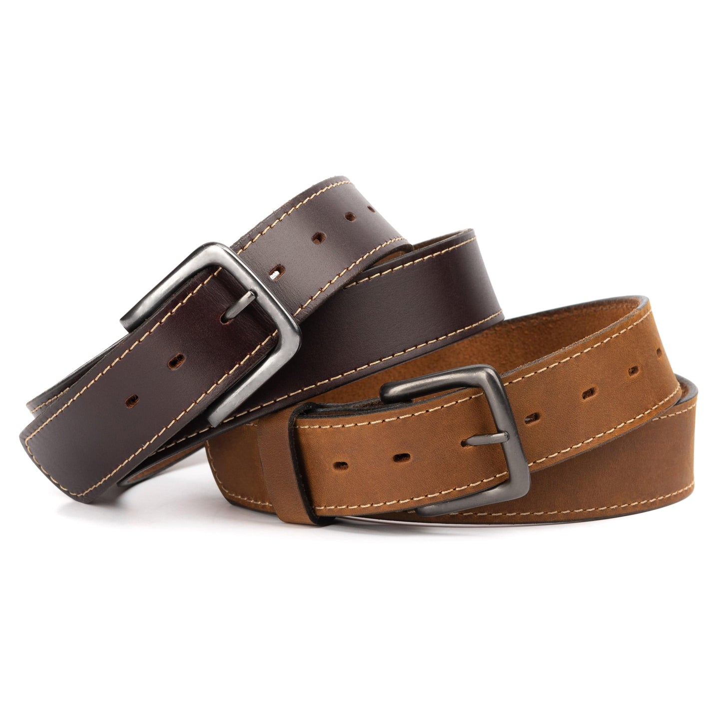 Two brown leather belts with silver buckles on a white background
