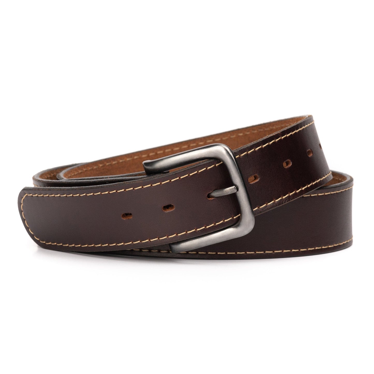 Leather Everyday Belt in full-grain tan leather, handmade in the USA. Durable daily belt with replaceable buckle and lifetime warranty.