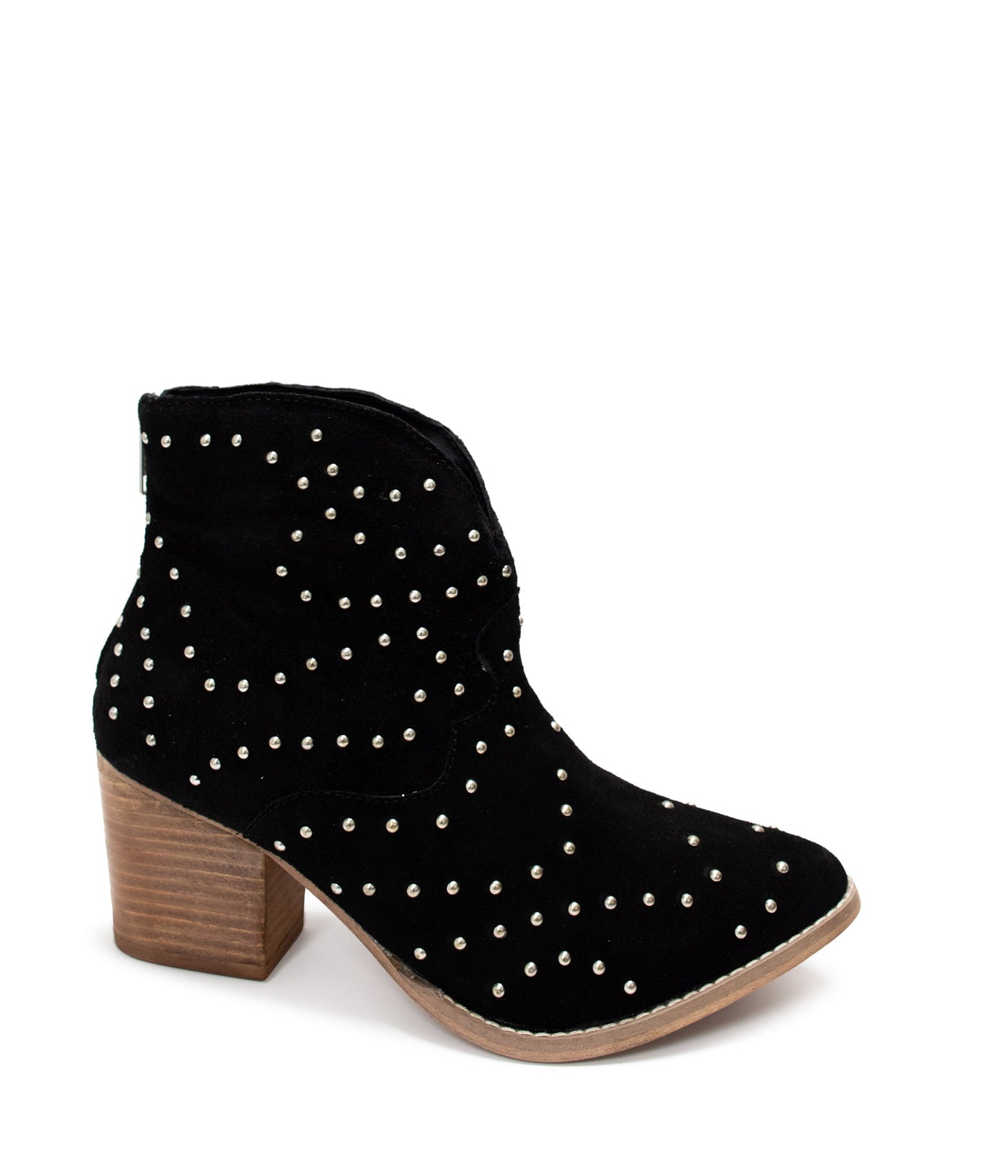 Twilight Studded Heeled Ankle Boot in Black suede with nail head studs and stacked heel