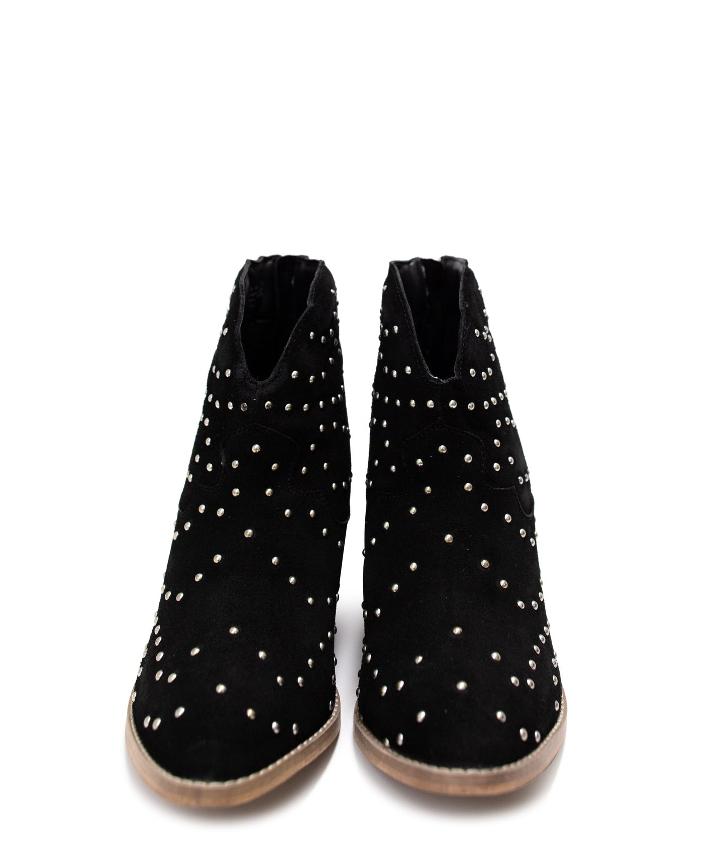 Twilight Studded Heeled Ankle Boot in Black suede with nail head studs and stacked heel