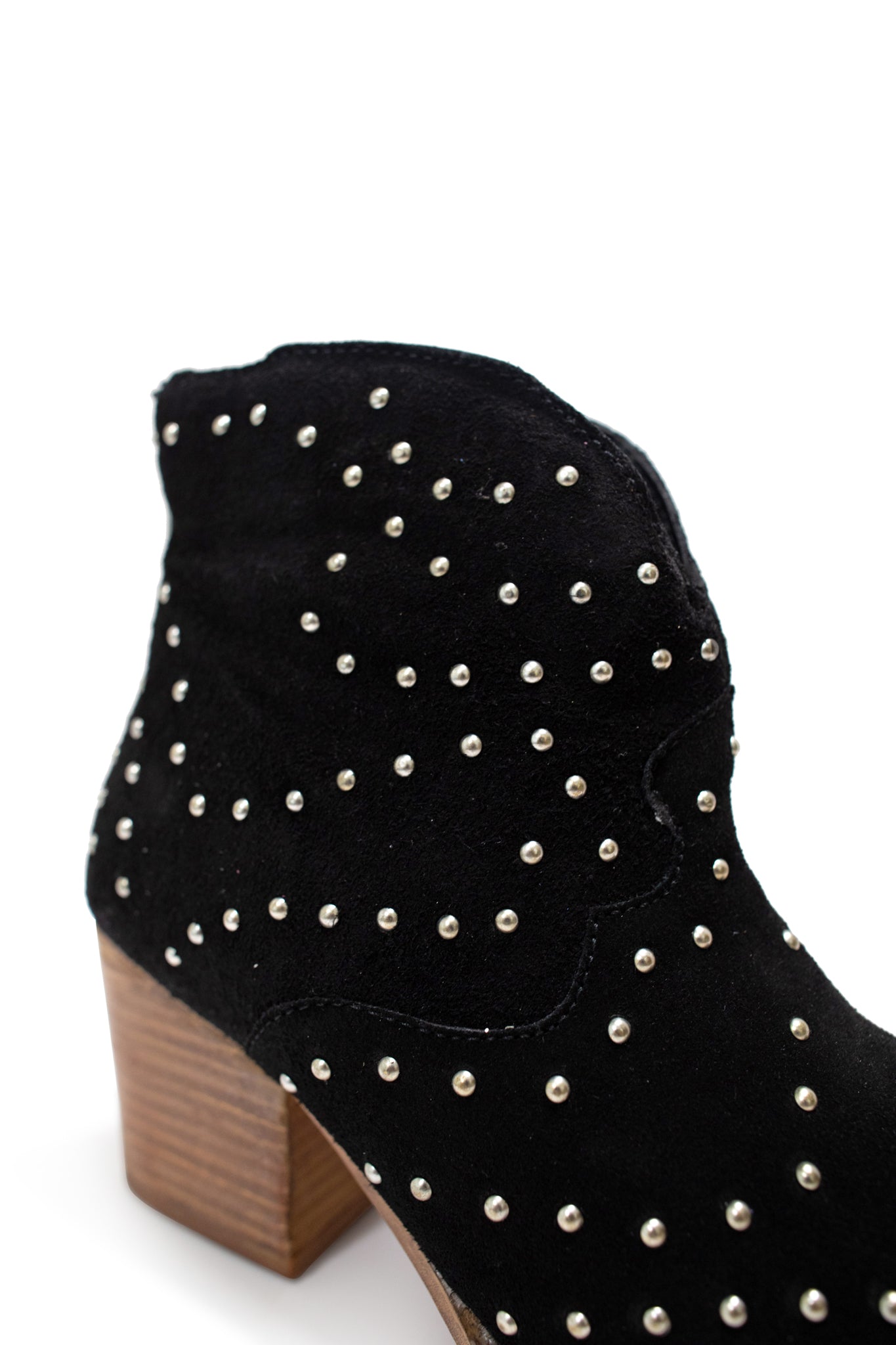 Twilight Studded Heeled Ankle Boot in Black suede with nail head studs and stacked heel