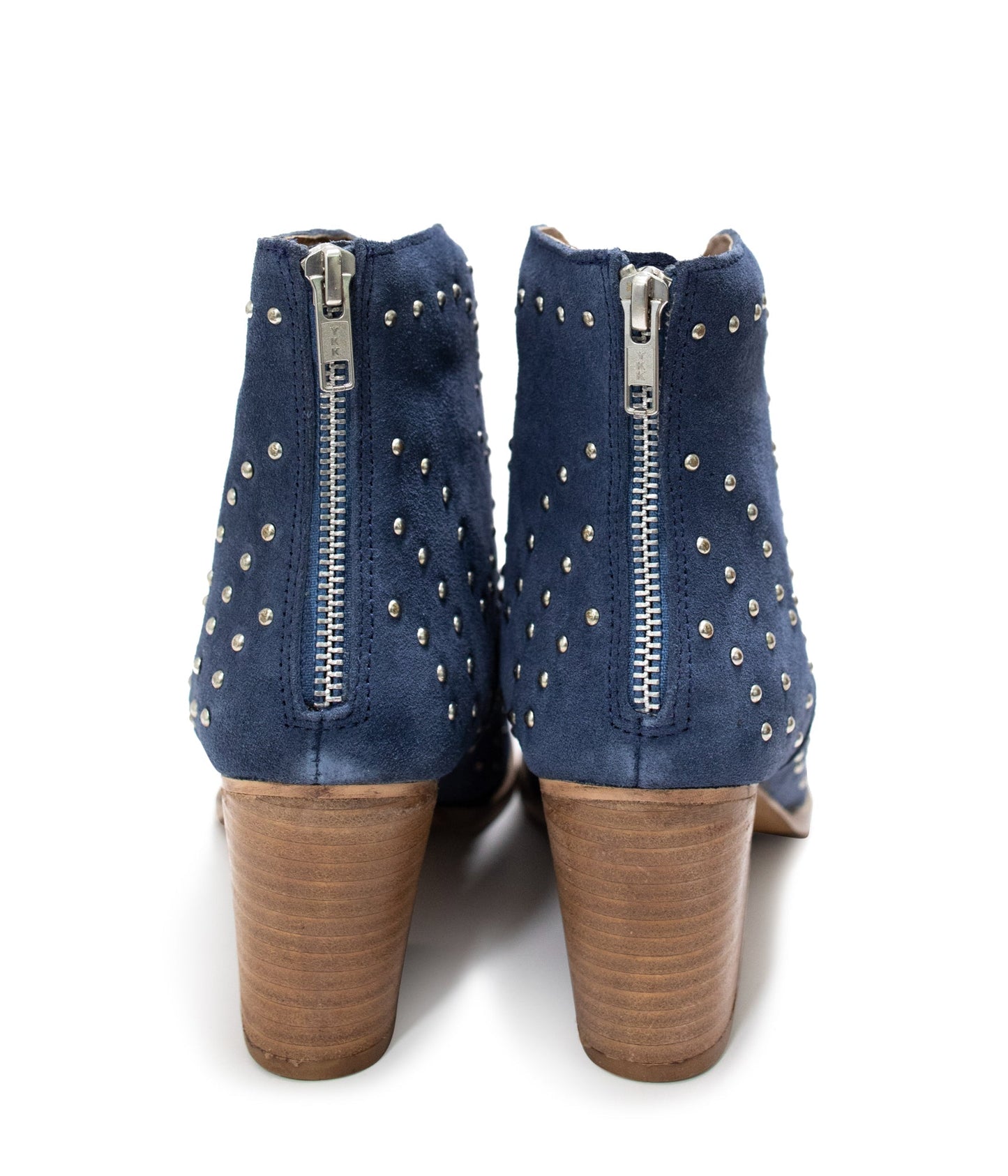 Denim blue suede ankle boot with studs and stacked heel