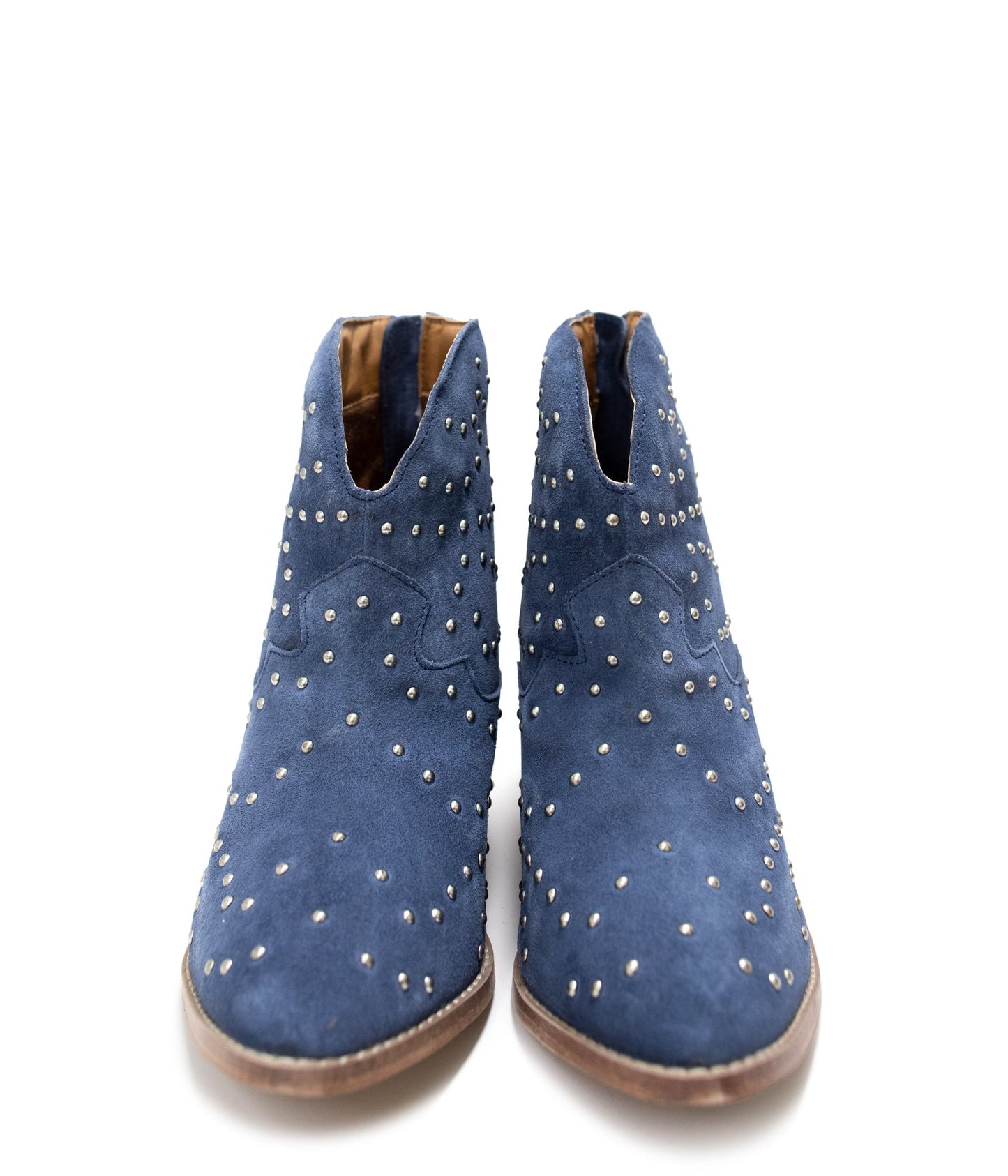 Denim blue suede ankle boot with studs and stacked heel