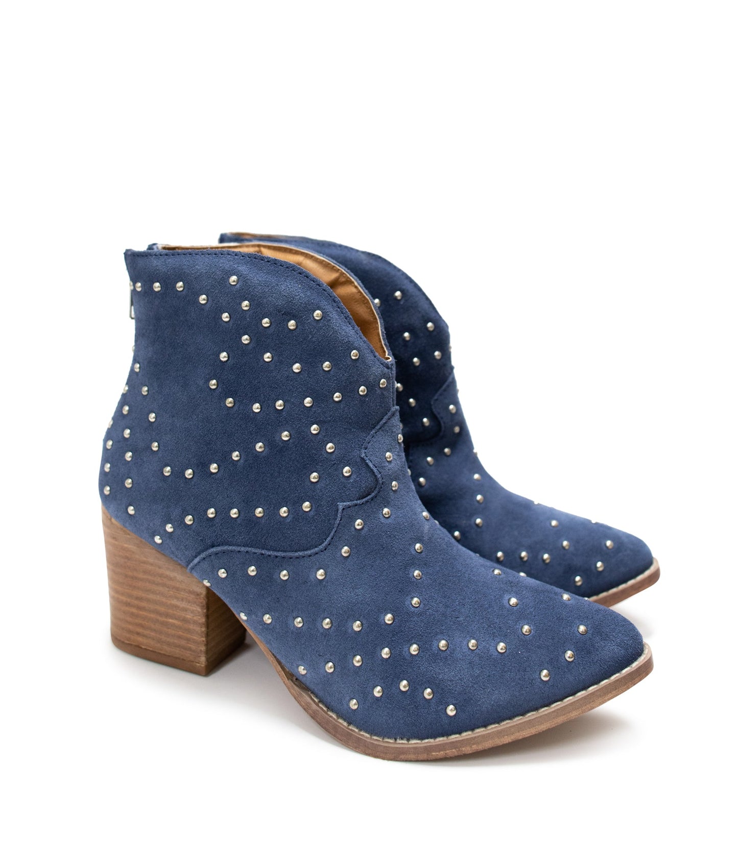 Denim blue suede ankle boot with studs and stacked heel