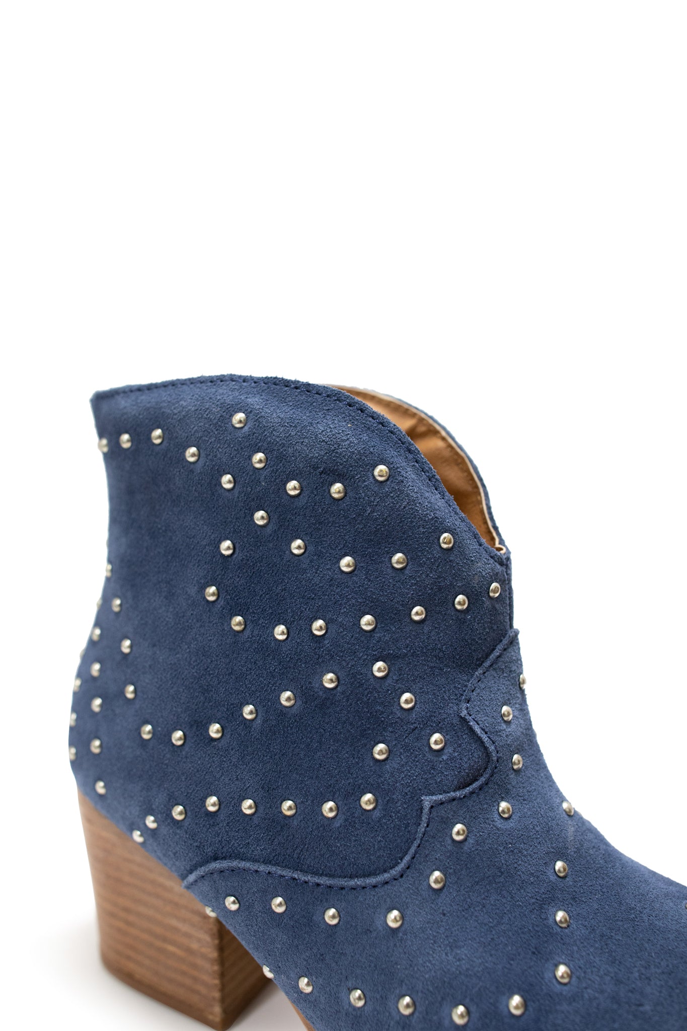 Denim blue suede ankle boot with studs and stacked heel