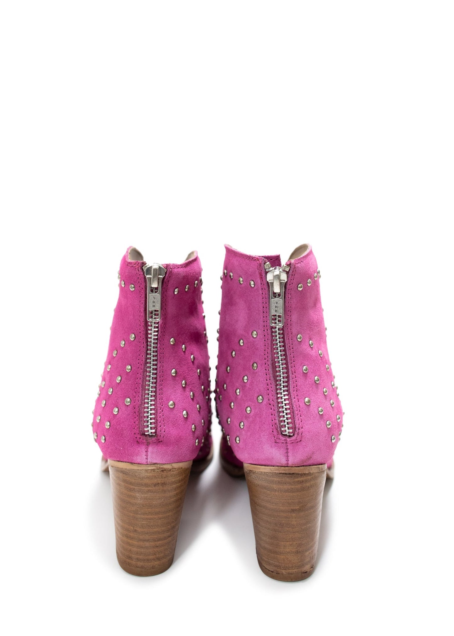 Magenta suede ankle boot with metallic studs and stacked heel