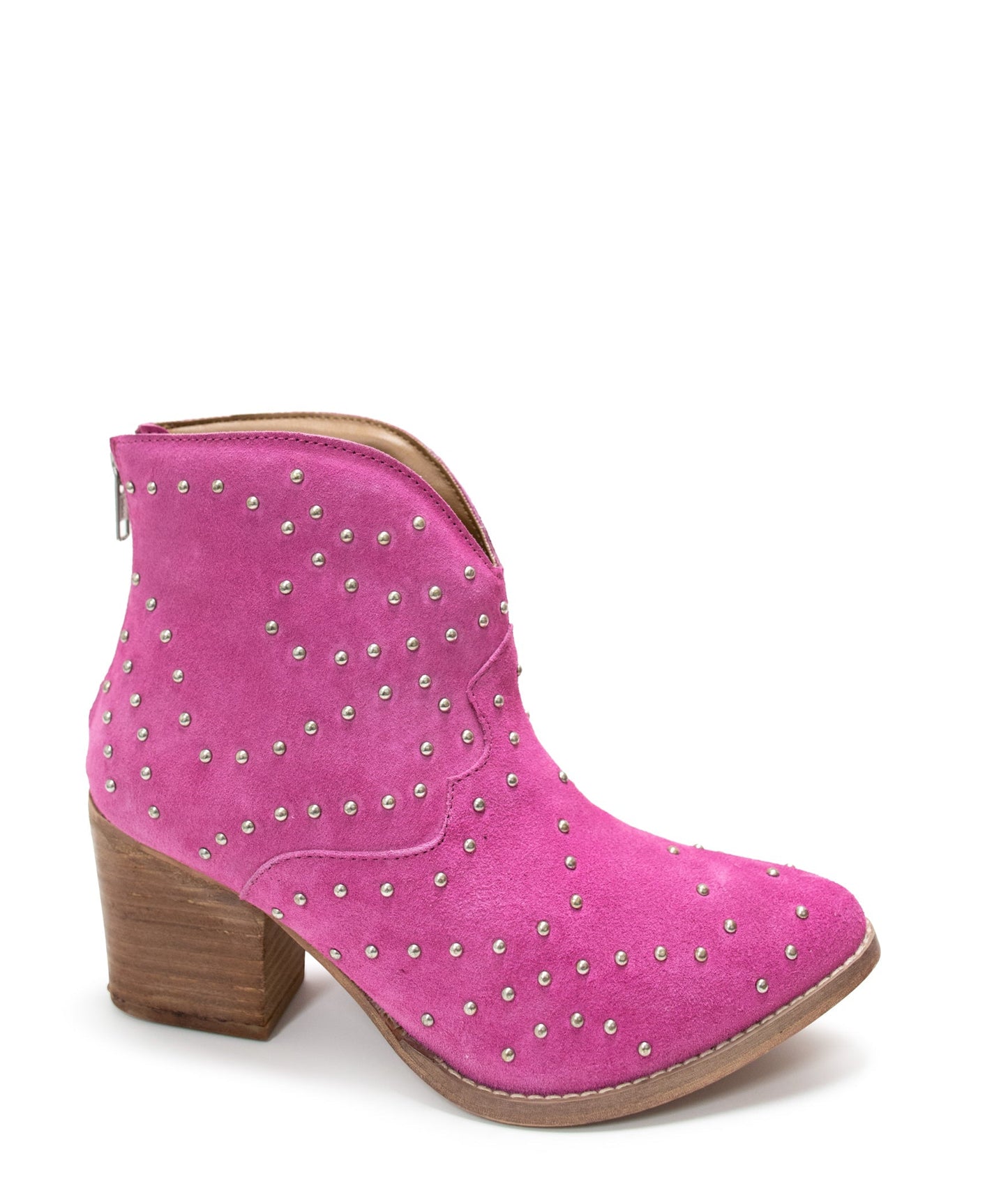 Magenta suede ankle boot with metallic studs and stacked heel