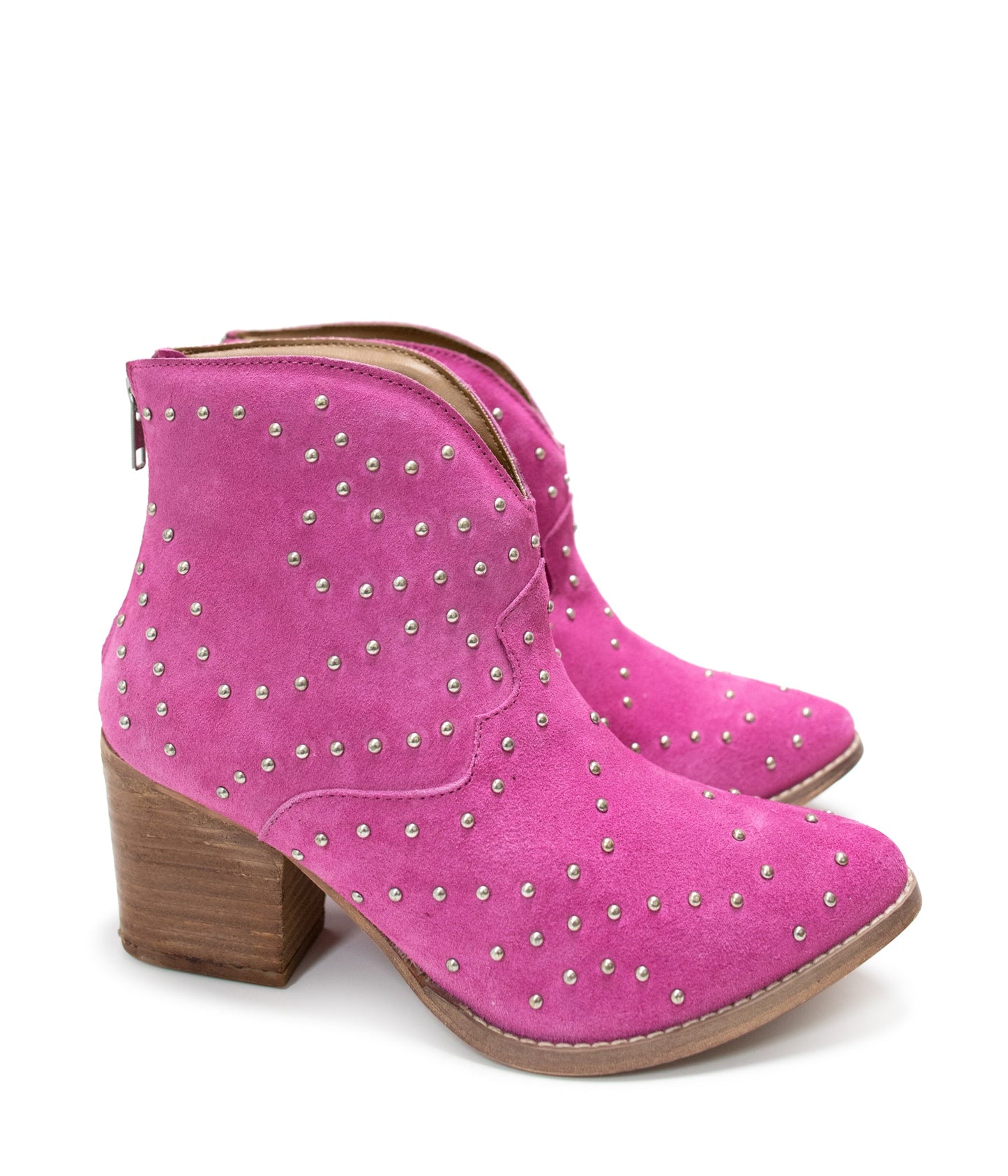 Magenta suede ankle boot with metallic studs and stacked heel