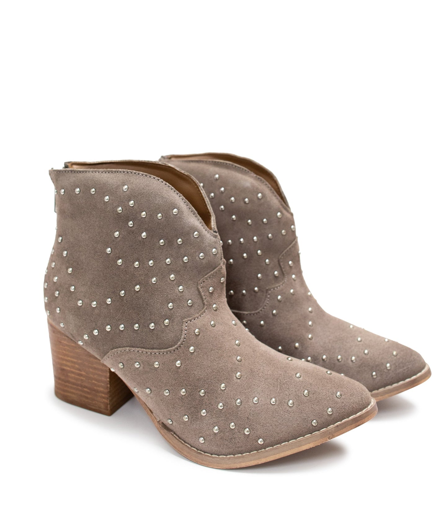 Taupe suede ankle boot with stud details and stacked heel