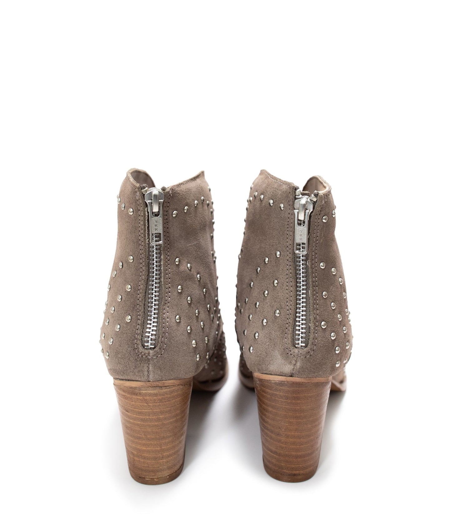 Taupe suede ankle boot with stud details and stacked heel