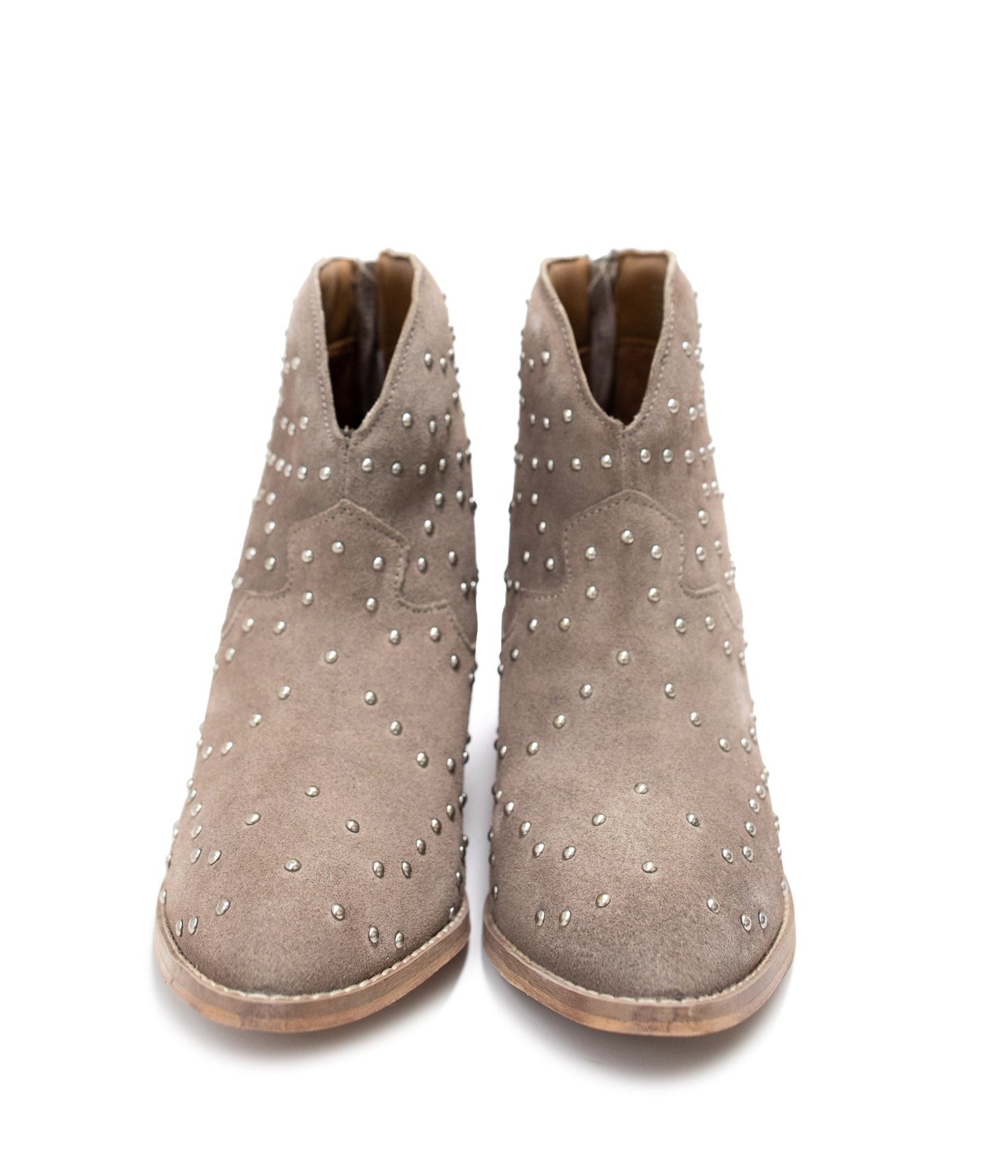 Taupe suede ankle boot with stud details and stacked heel