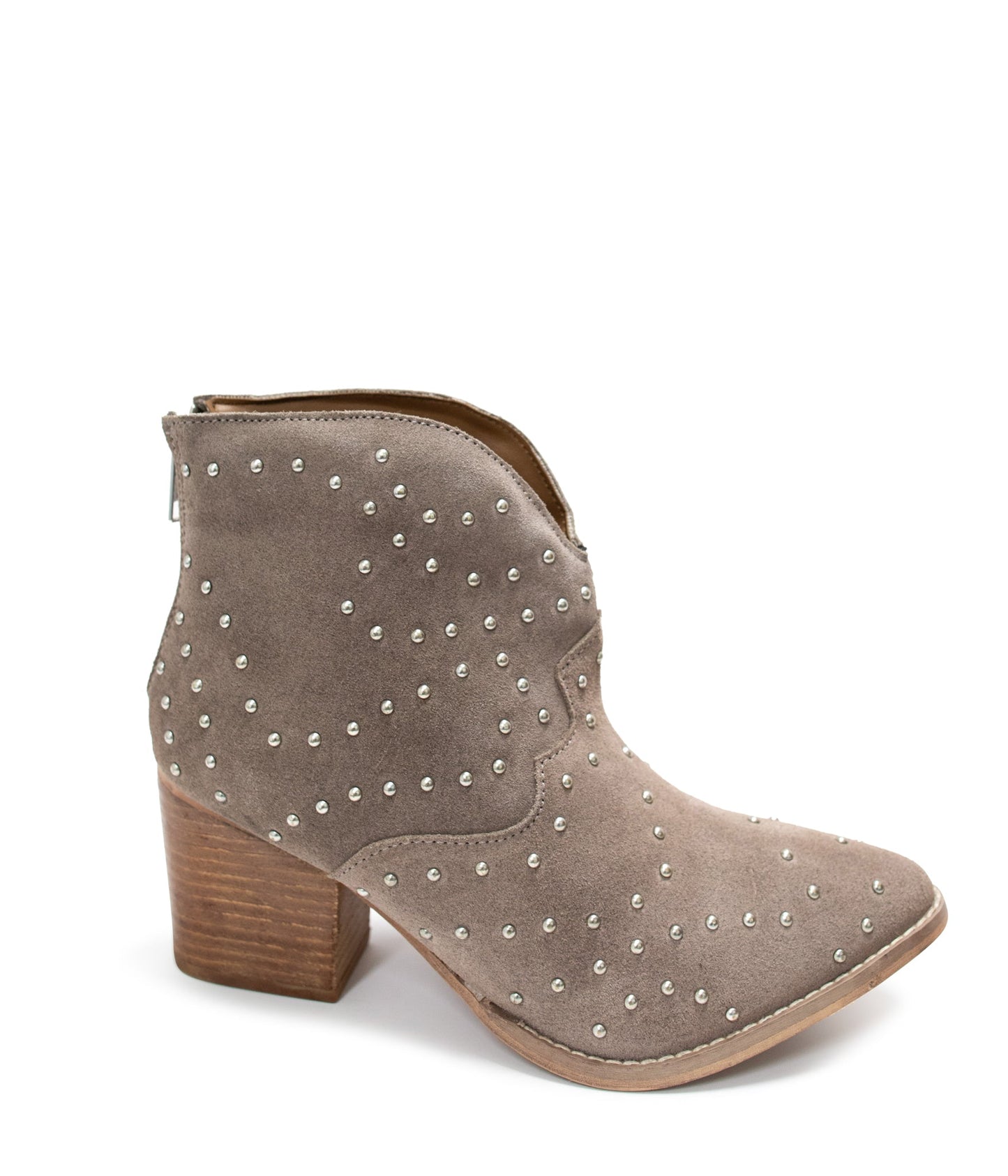 Taupe suede ankle boot with stud details and stacked heel