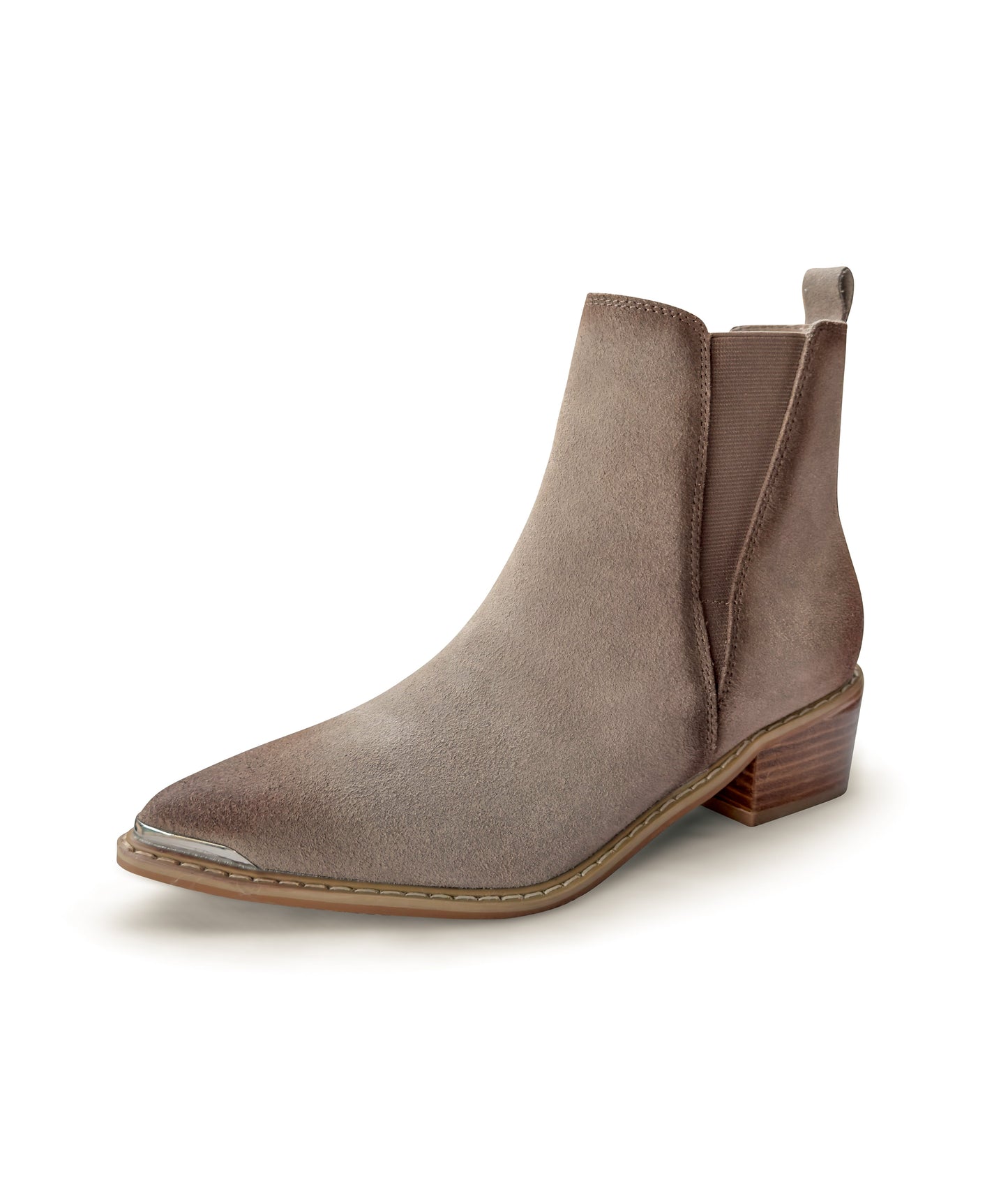 Wylie taupe suede ankle boots with pointed toe, block heel, and silver toe accent