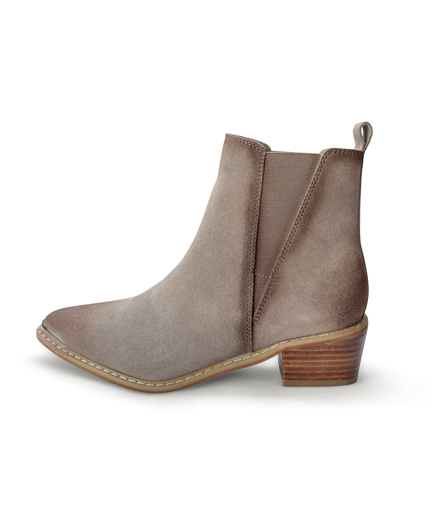 Wylie taupe suede ankle boots with pointed toe, block heel, and silver toe accent