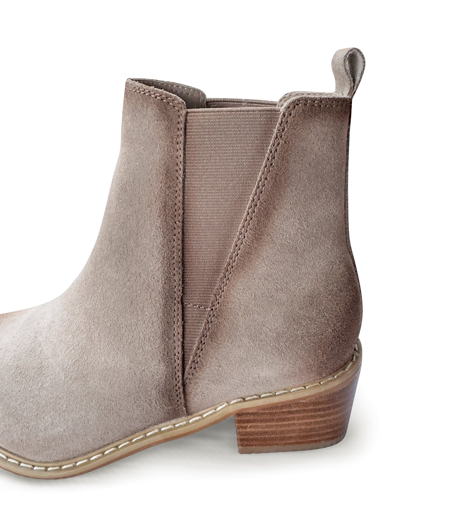 Wylie taupe suede ankle boots with pointed toe, block heel, and silver toe accent