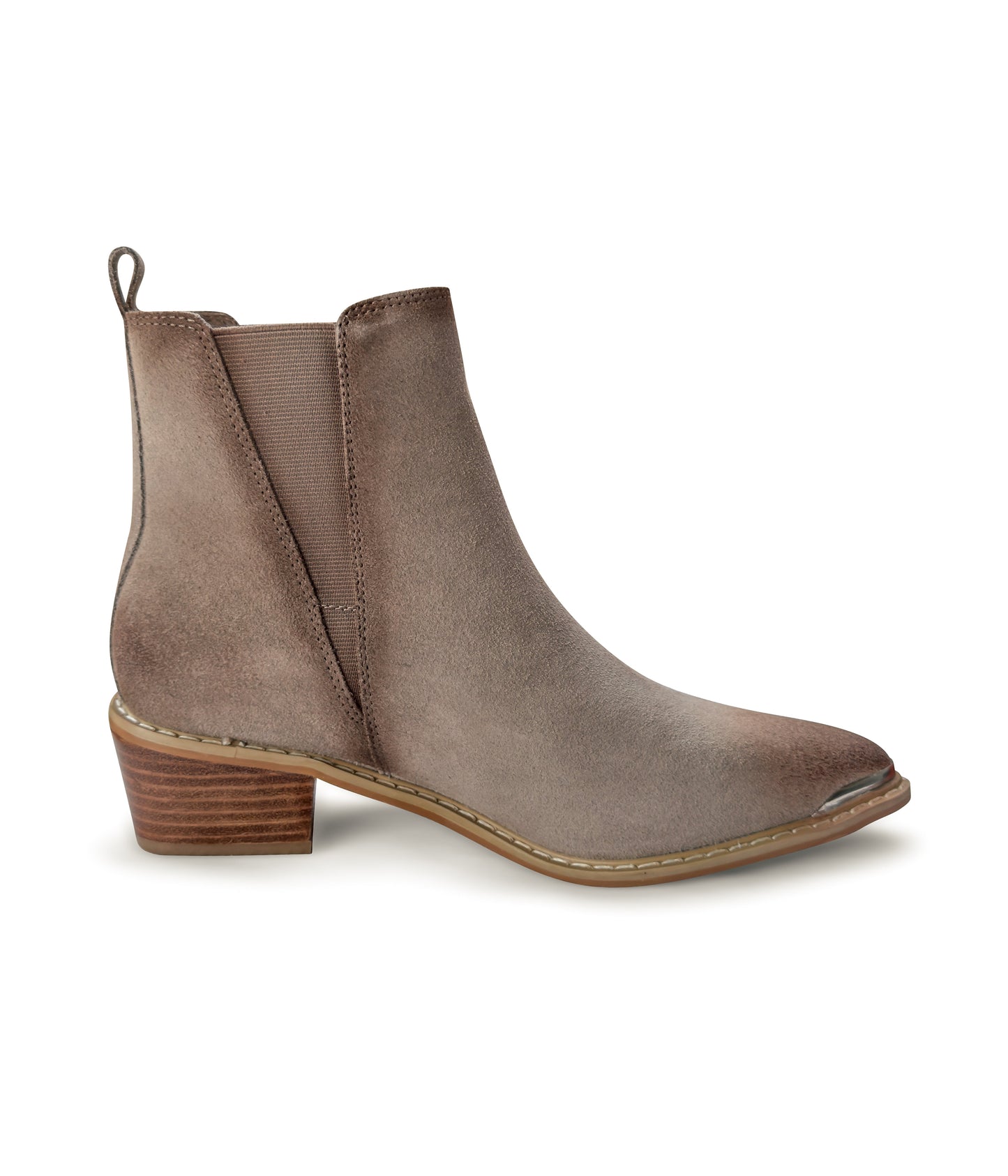 Wylie taupe suede ankle boots with pointed toe, block heel, and silver toe accent