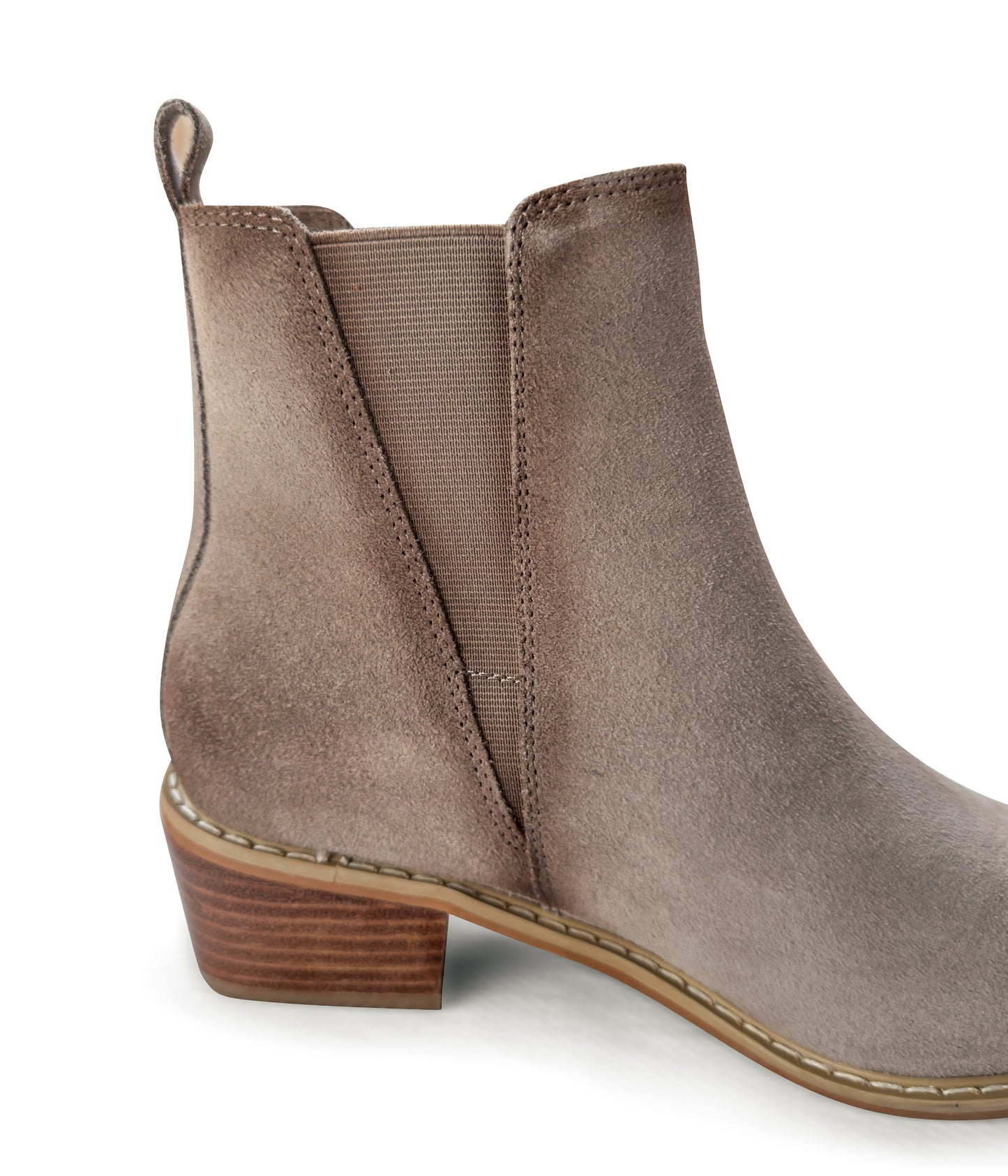 Wylie taupe suede ankle boots with pointed toe, block heel, and silver toe accent