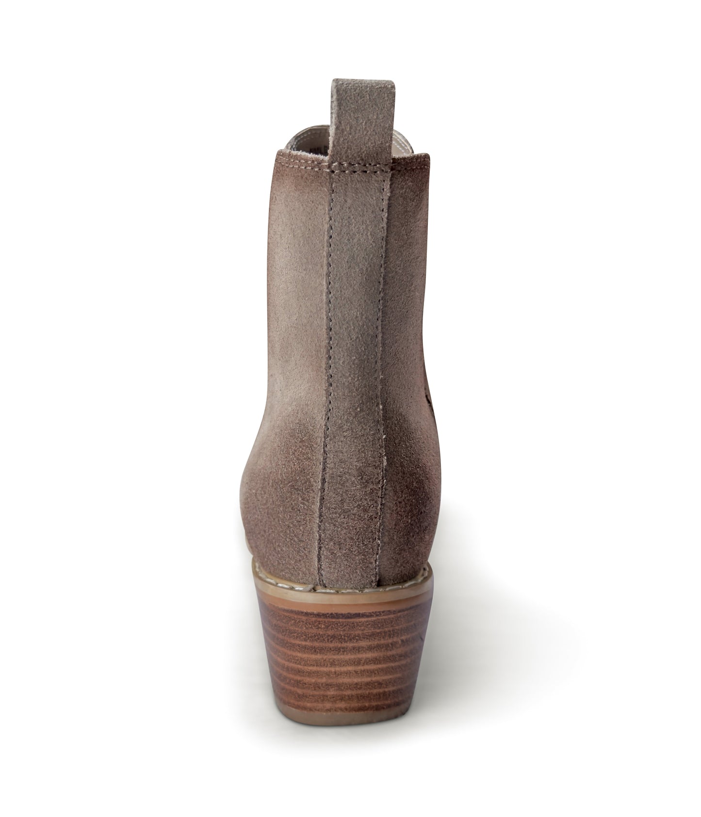 Wylie taupe suede ankle boots with pointed toe, block heel, and silver toe accent