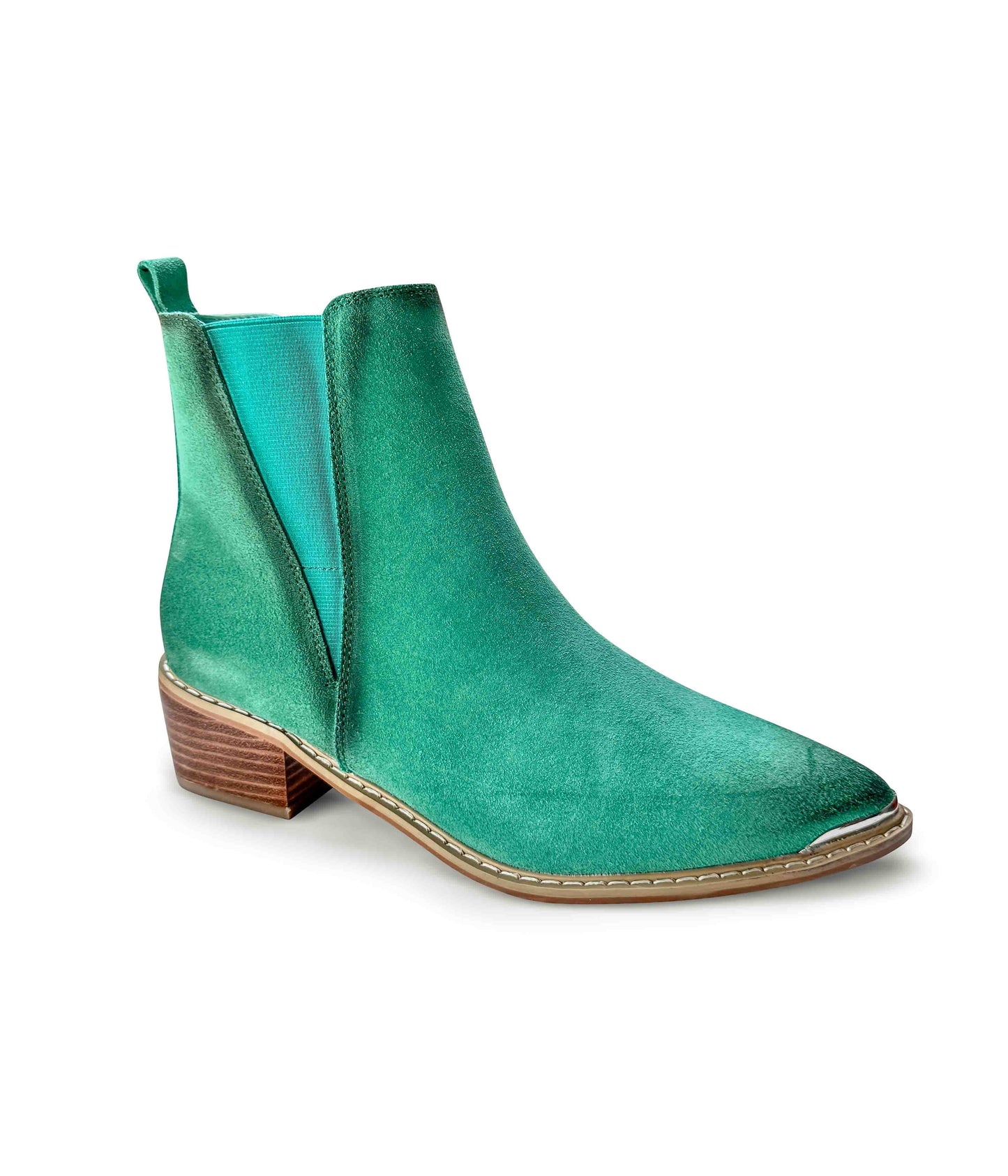 Wylie teal suede ankle boots with pointed toe, block heel, and silver toe accent
