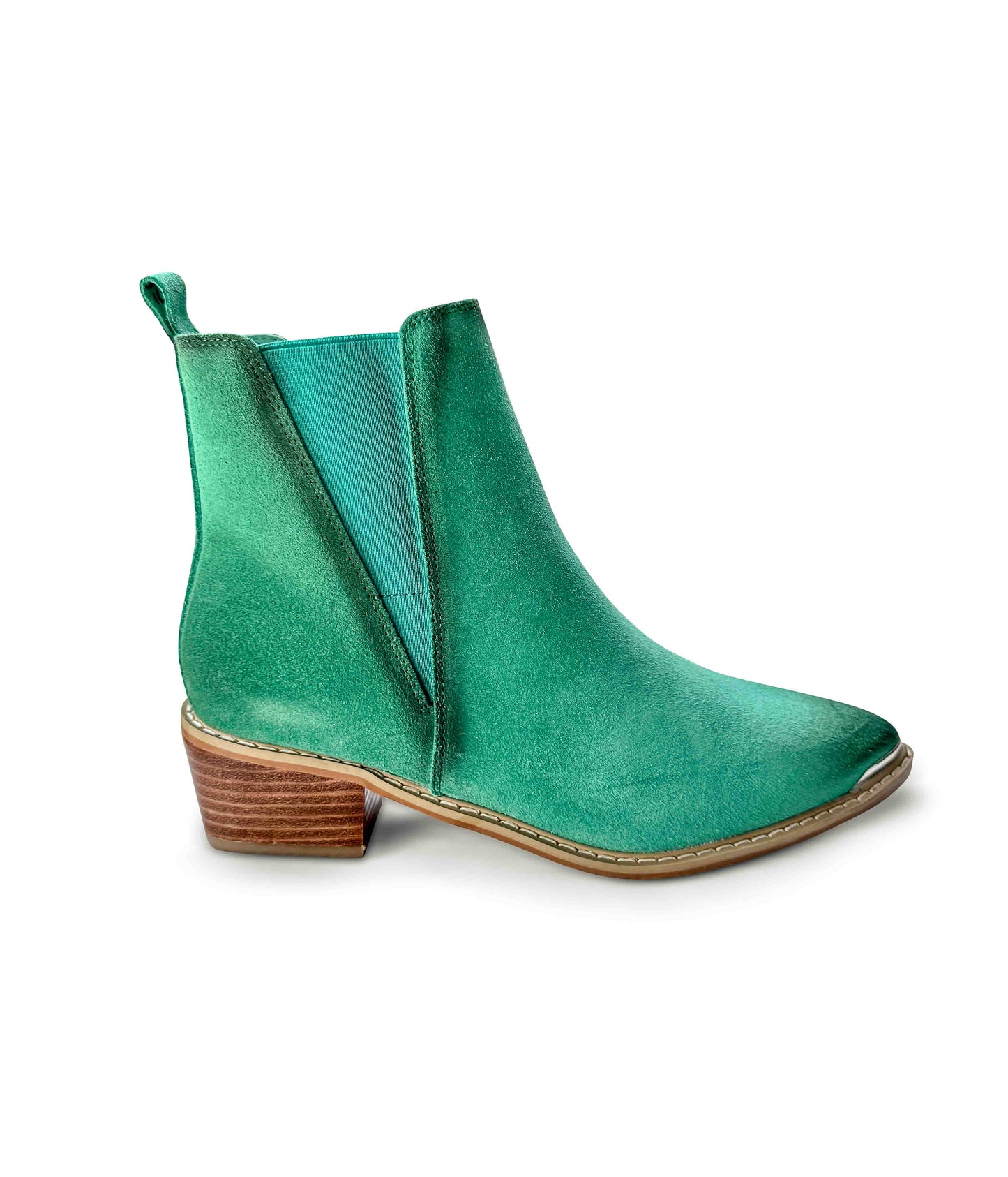 Wylie teal suede ankle boots with pointed toe, block heel, and silver toe accent