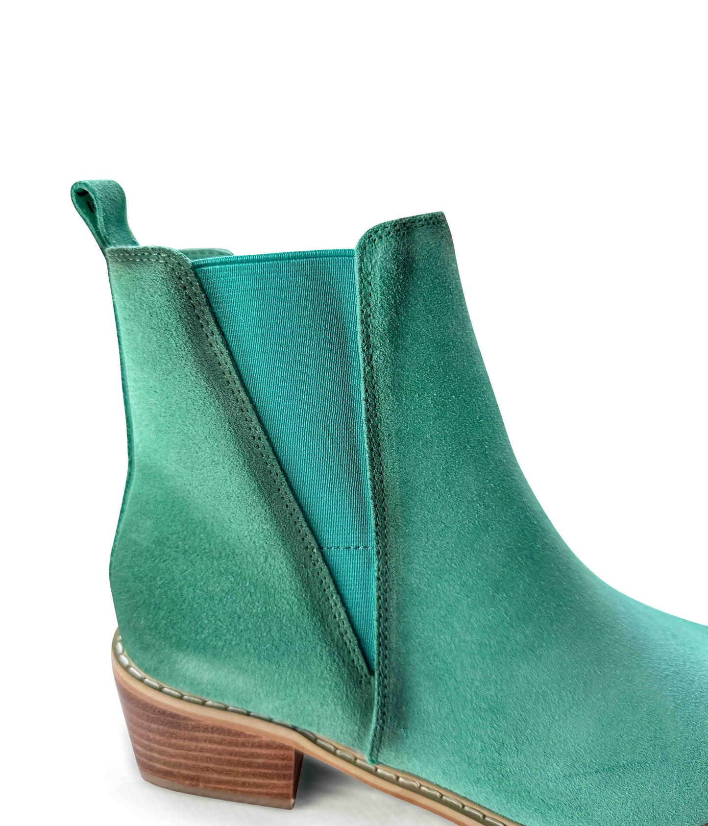 Wylie teal suede ankle boots with pointed toe, block heel, and silver toe accent