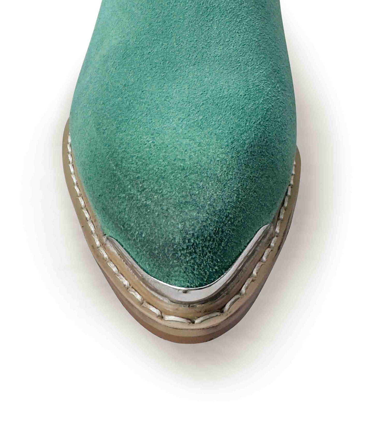 Wylie teal suede ankle boots with pointed toe, block heel, and silver toe accent