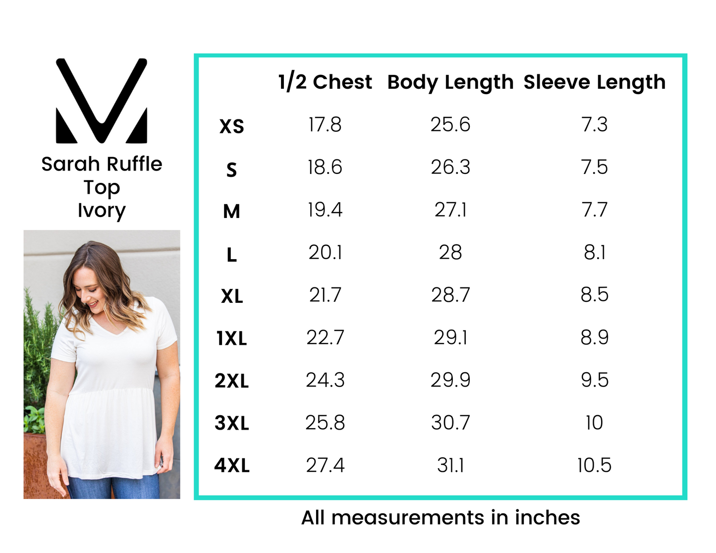 Sarah Ruffle Top Ivory Size Chart