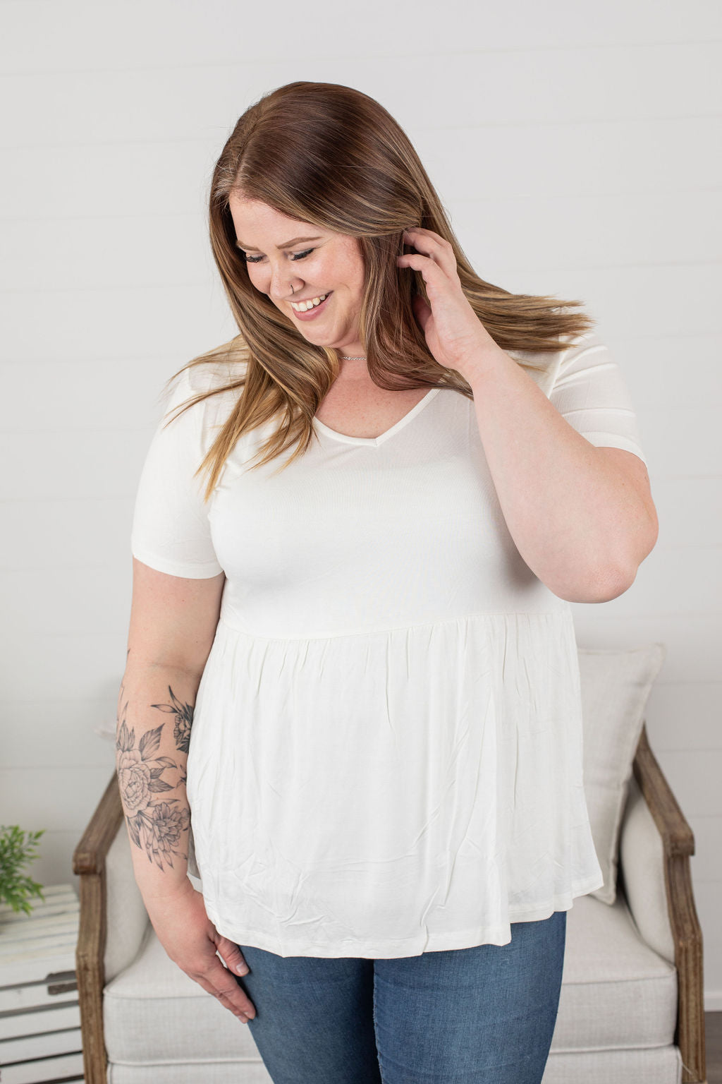 Michelle Mae Sarah Ruffle Top in Ivory with short sleeves and flowy fit
