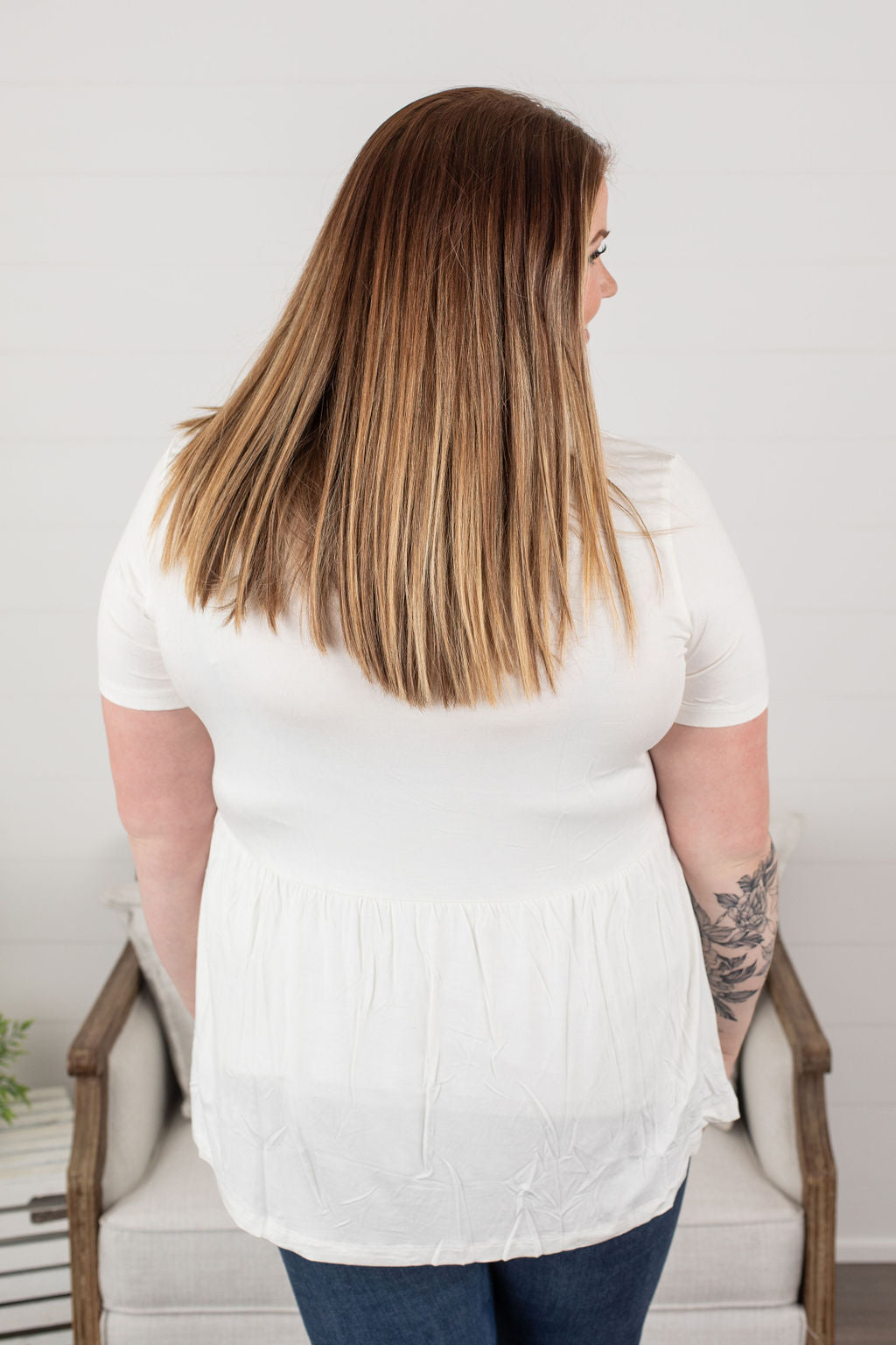 Michelle Mae Sarah Ruffle Top in Ivory with short sleeves and flowy fit
